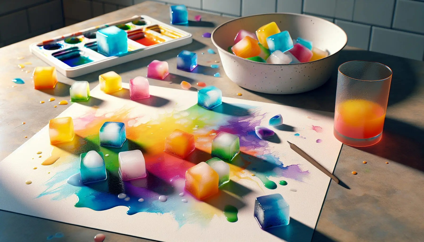 Generate an image of a child’s colorful ice painting artwork.