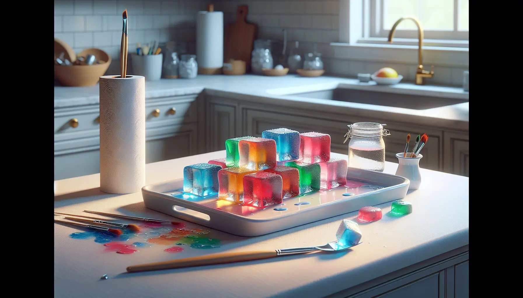 Generate an image of colorful ice cubes with paint on a white tray.