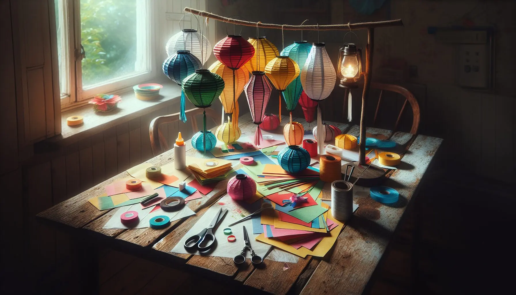 Generate an image of vibrant paper lanterns hanging with ribbons, scissors and glue in the foreground.