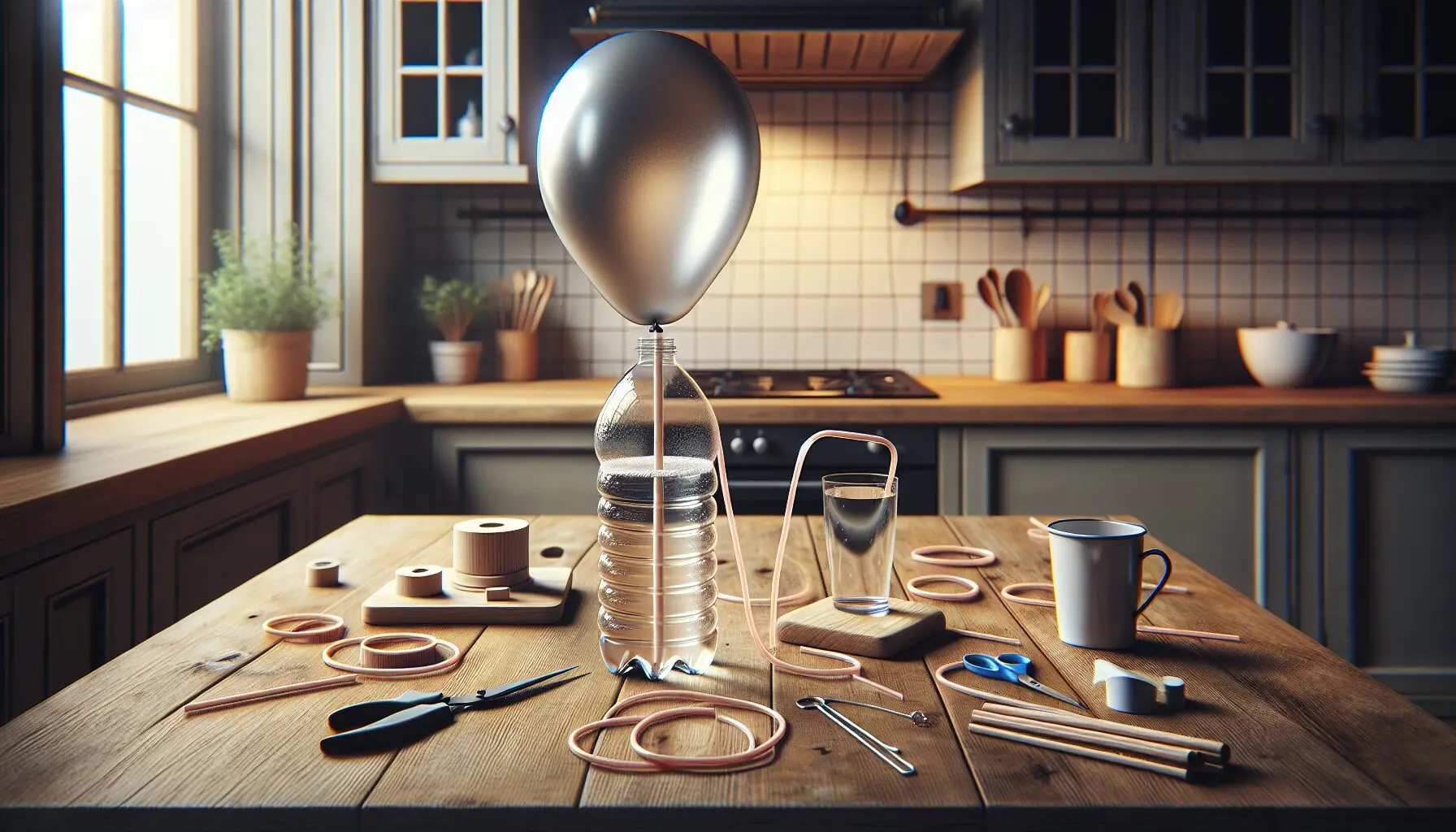 Generate an image of a child and adult playfully engaged in a creative project with balloons and water bottles on a kitchen table.