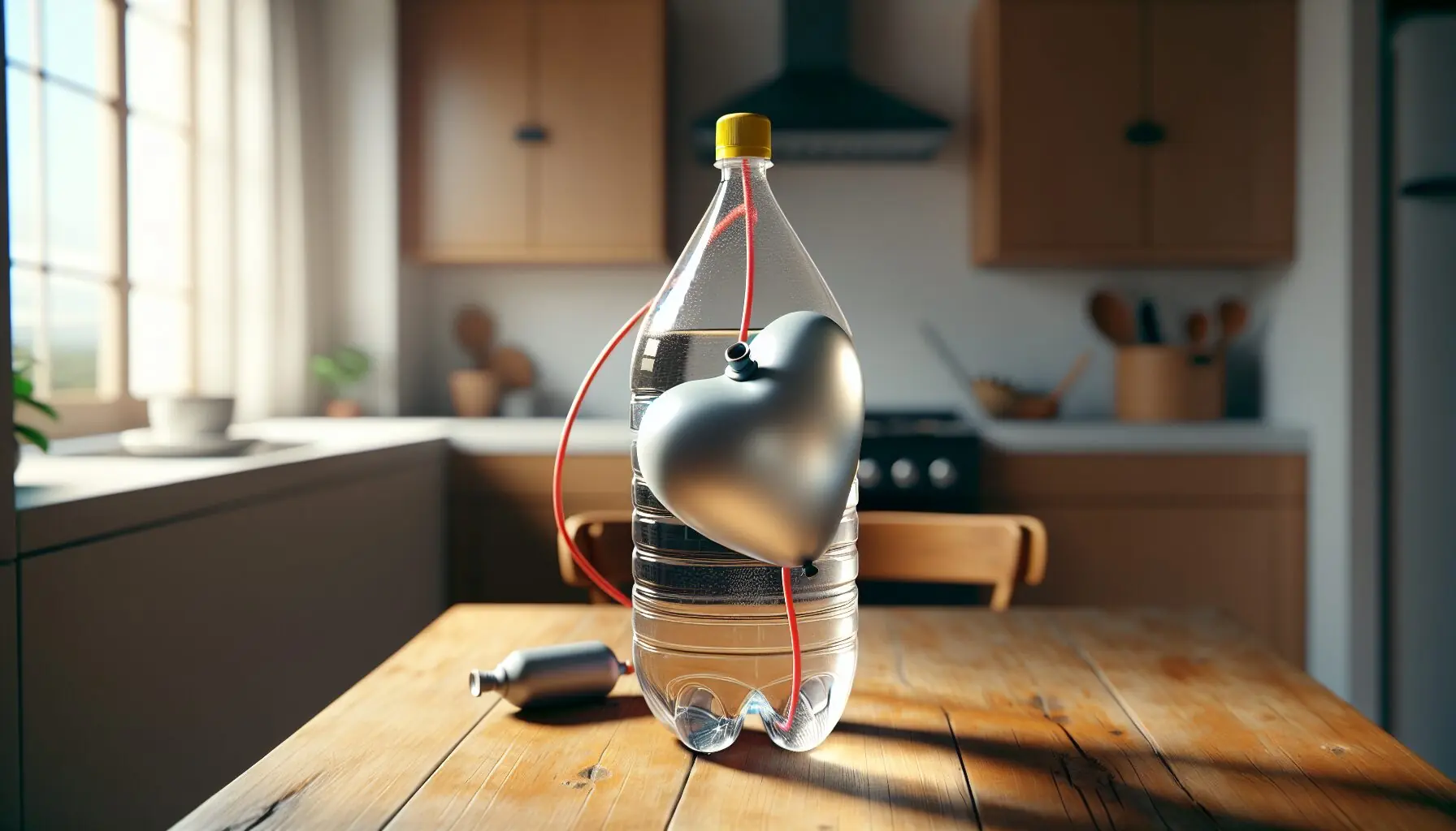 Generate an image of a plastic bottle with water inside, topped by an inflated balloon ready for the heart pump activity.