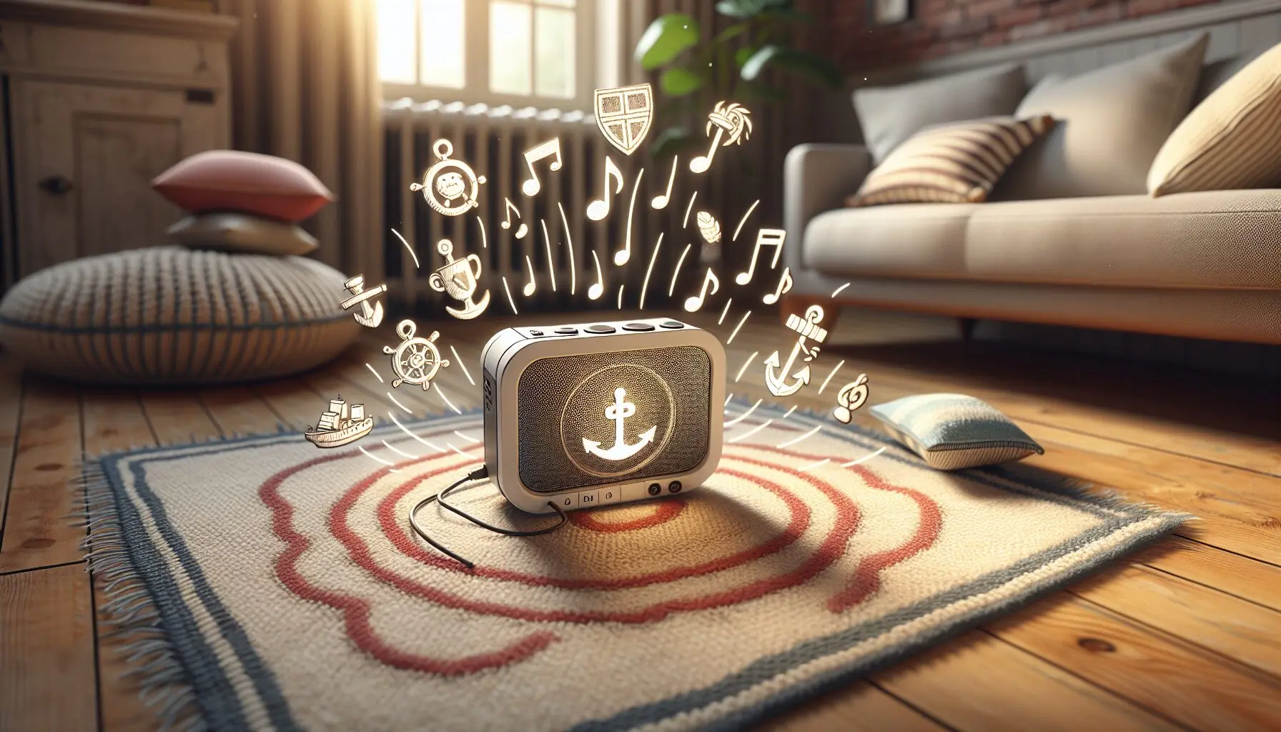 Generate an image of a music player emitting musical notes surrounded by cartoonish brave symbols.