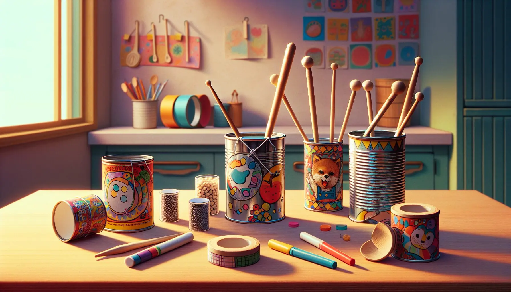 Generate an image of various homemade musical instruments, like drums made from tins and shakers from boxes, beautifully decorated with stickers and markers.