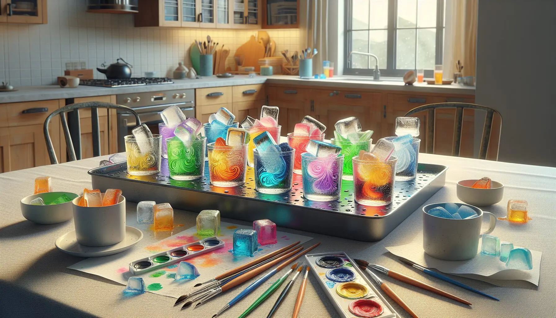 Generate an image of parents taking a picture of colorful ice art creations.