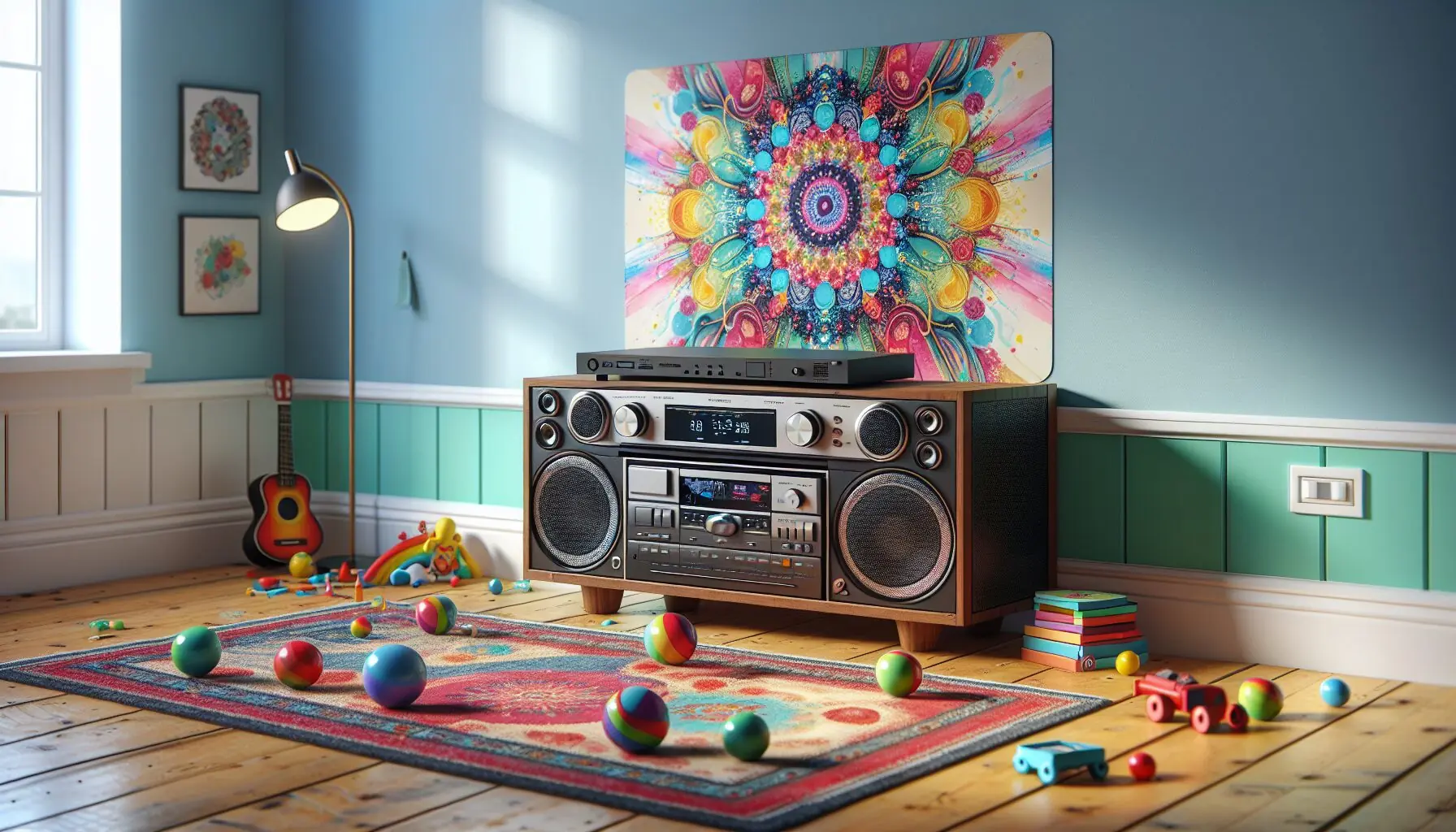 Generate an image of a stereo system playing music in a bright, colorful room.