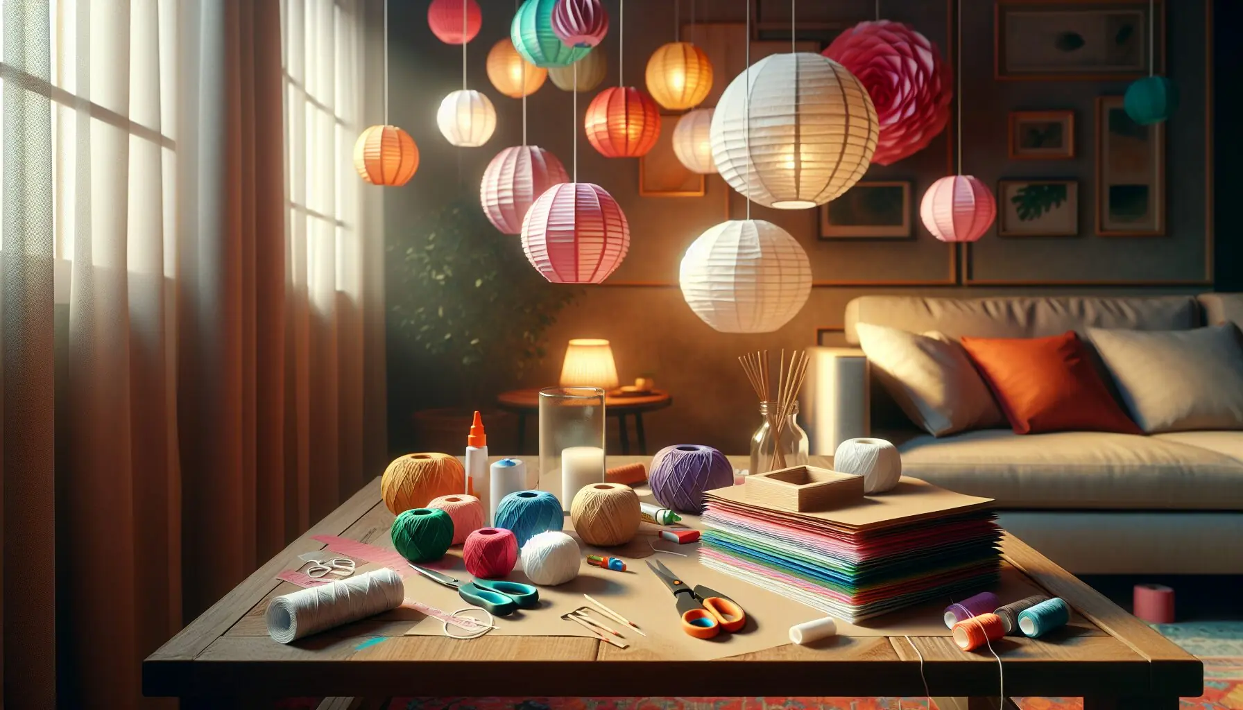 Generate an image of a child with a parent laughing under paper lanterns, surrounded by colorful lights.