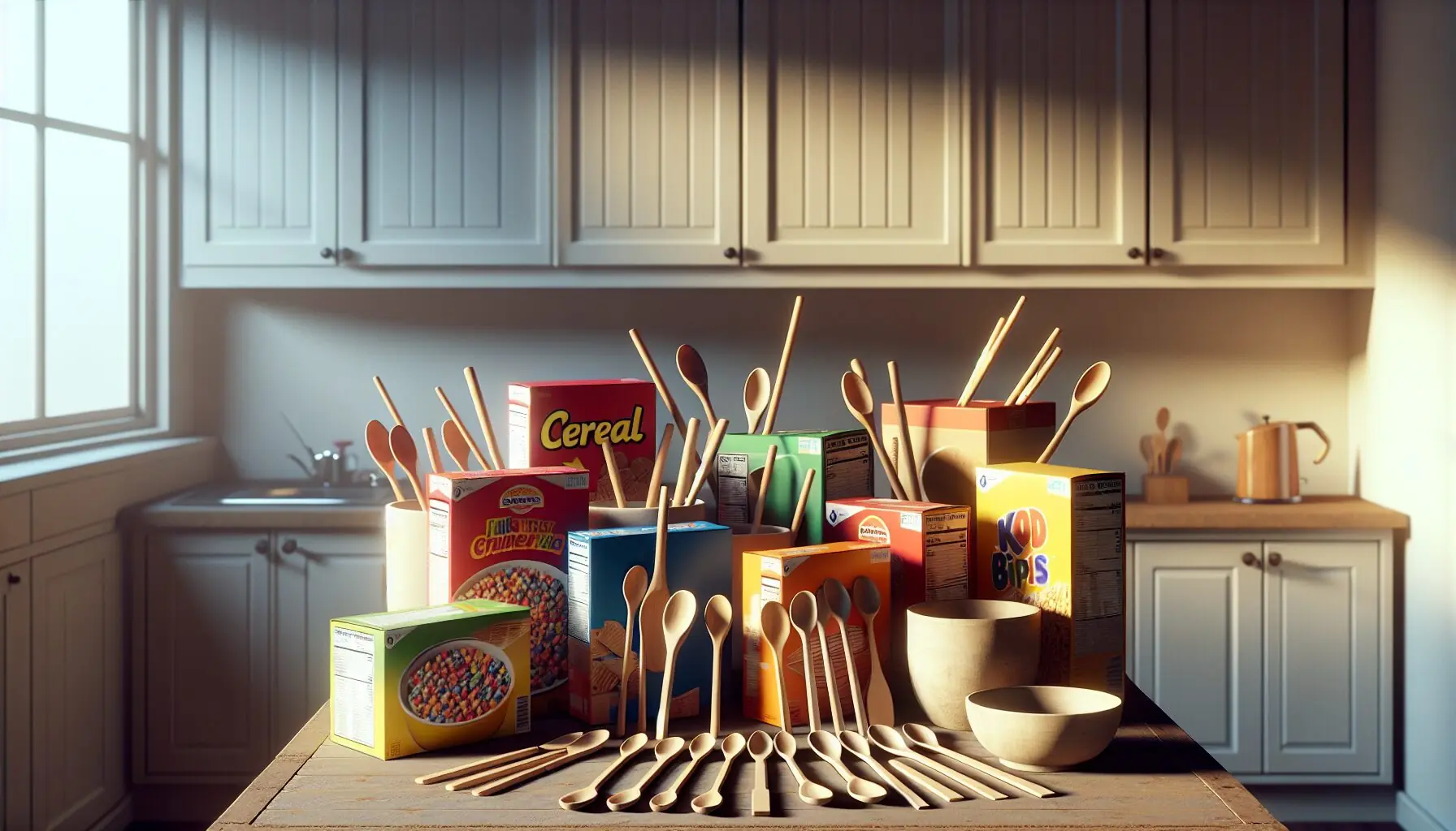 Generate an image of an array of colorful, empty cereal boxes and wooden spoons arranged on a table.