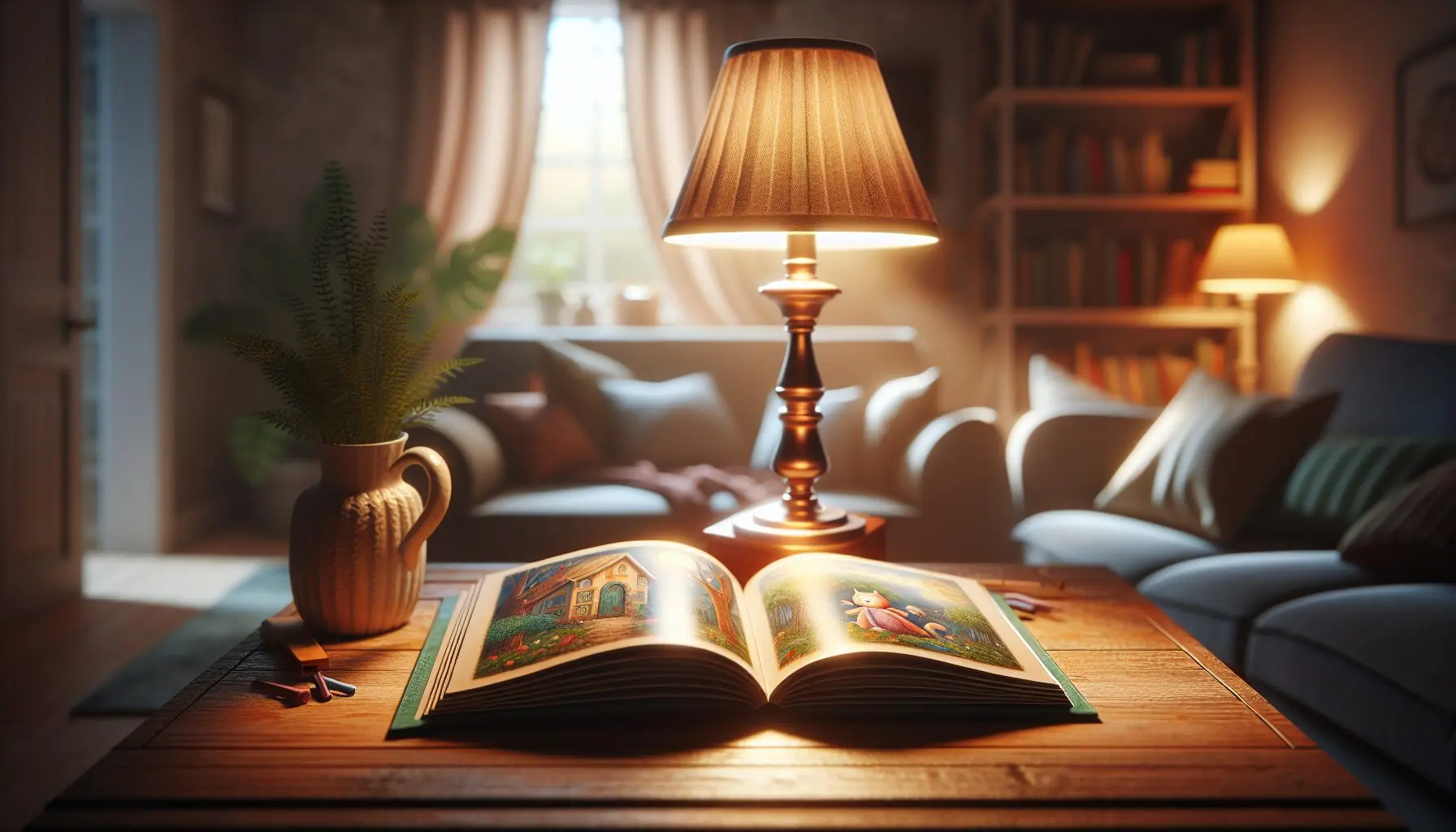 Generate an image of a vibrant storytelling scene, featuring an open book with illustrated pages on a wooden table and a warm lamp glowing beside.