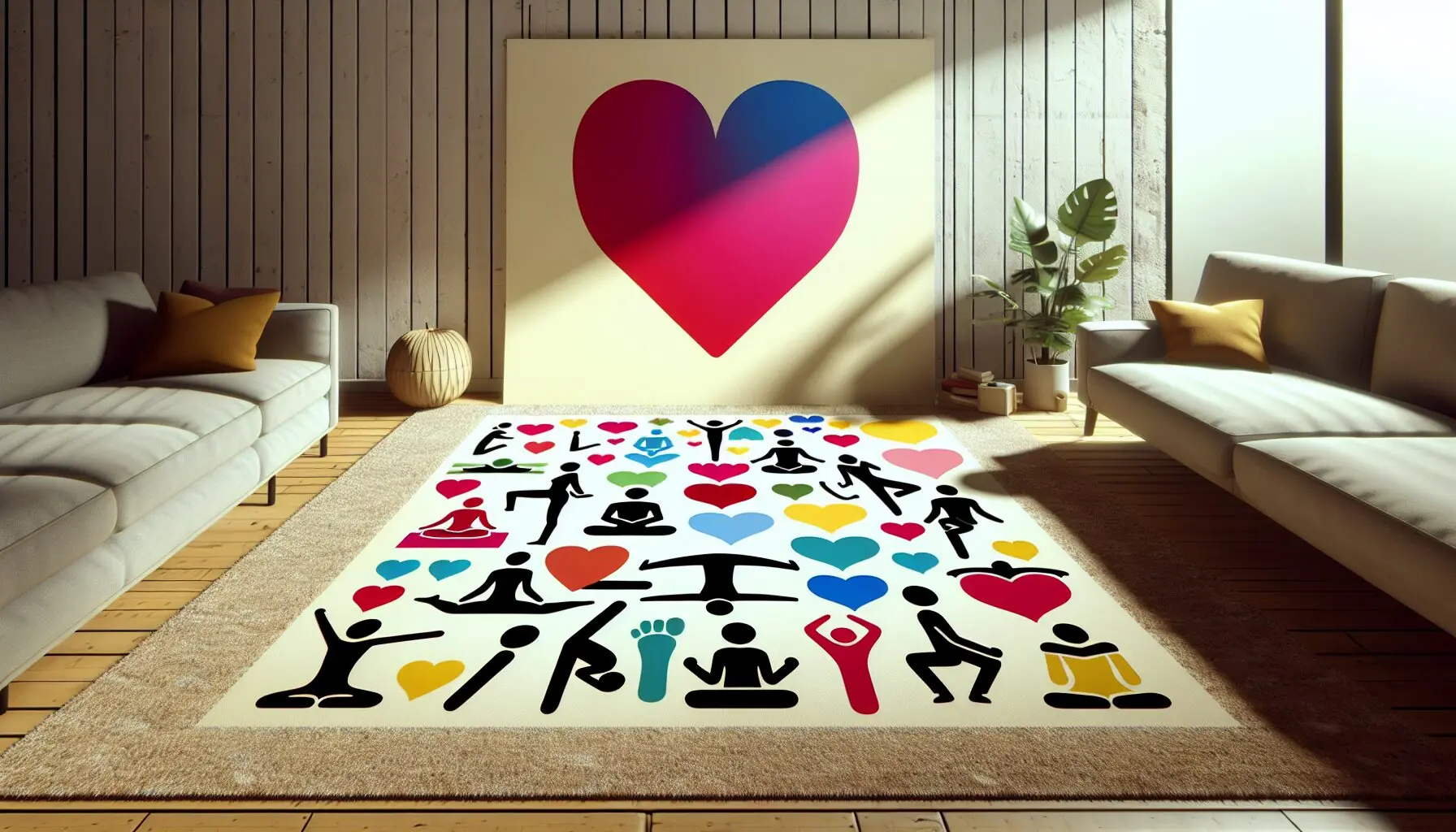 Generate an image of a peaceful setting with illustrated heart shapes and simple yoga pose diagrams scattered artfully.