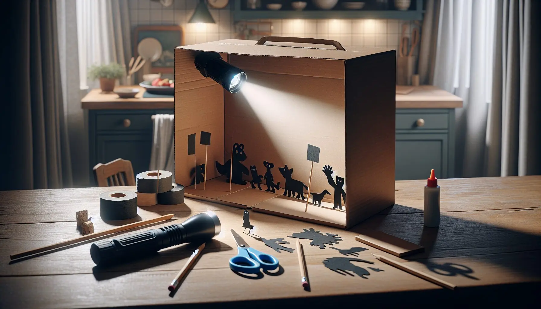 Generate an image of a simple shadow puppet theater setup with colorful paper puppets and a flashlight shining through the screen.