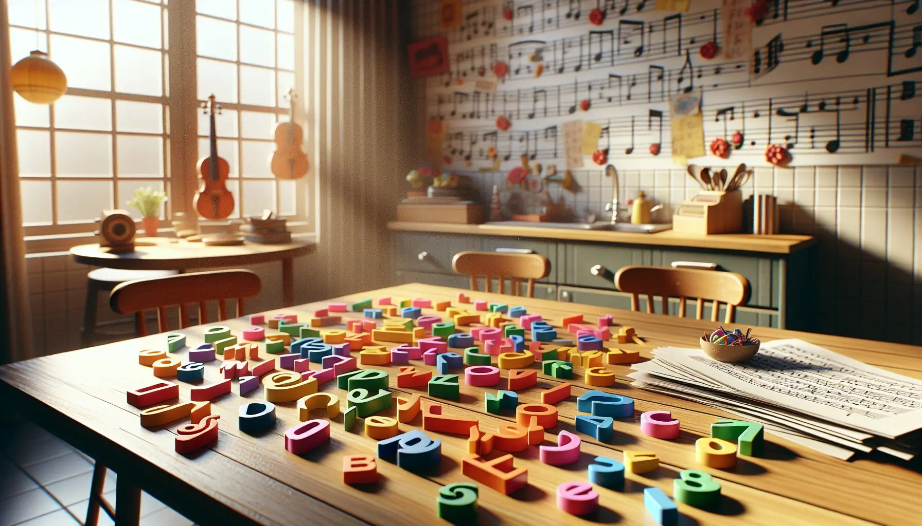 Generate an image of colorful alphabet letters scattered with musical notes.