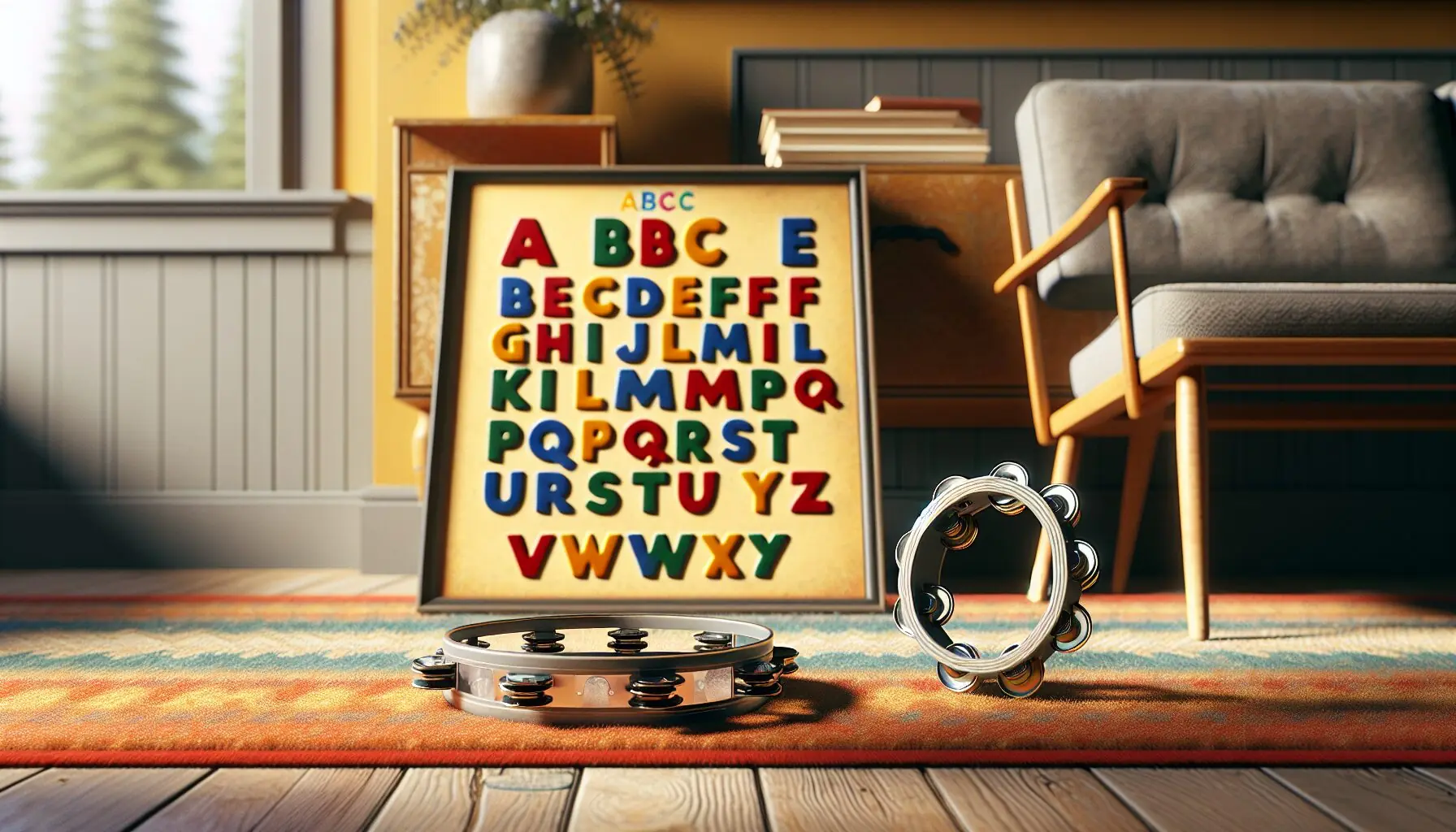 Generate an image of a child holding a tambourine next to an alphabet chart.