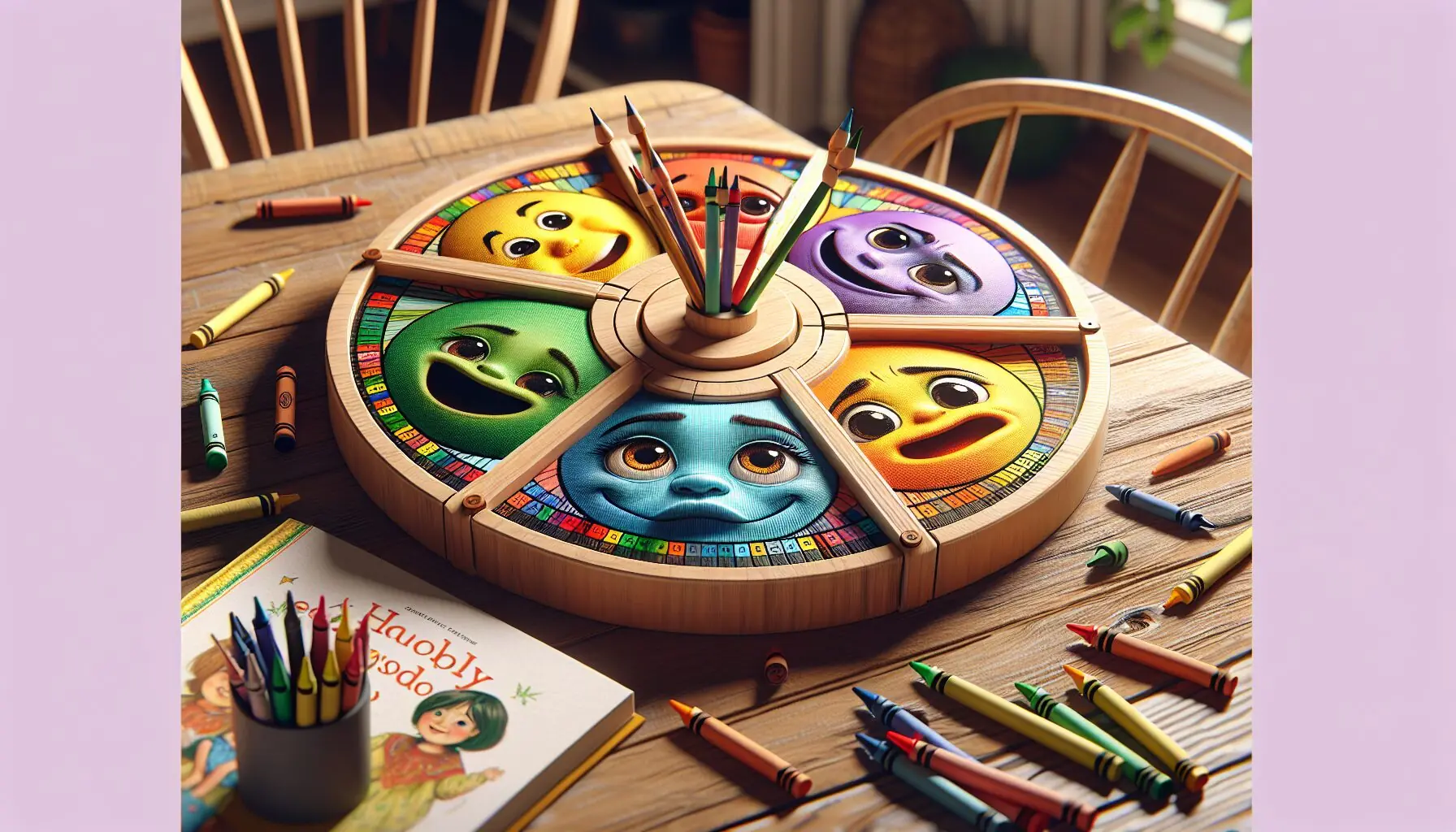 Generate an image of colorful illustrated emotion wheels with facial expressions showing happiness, sadness, and surprise.