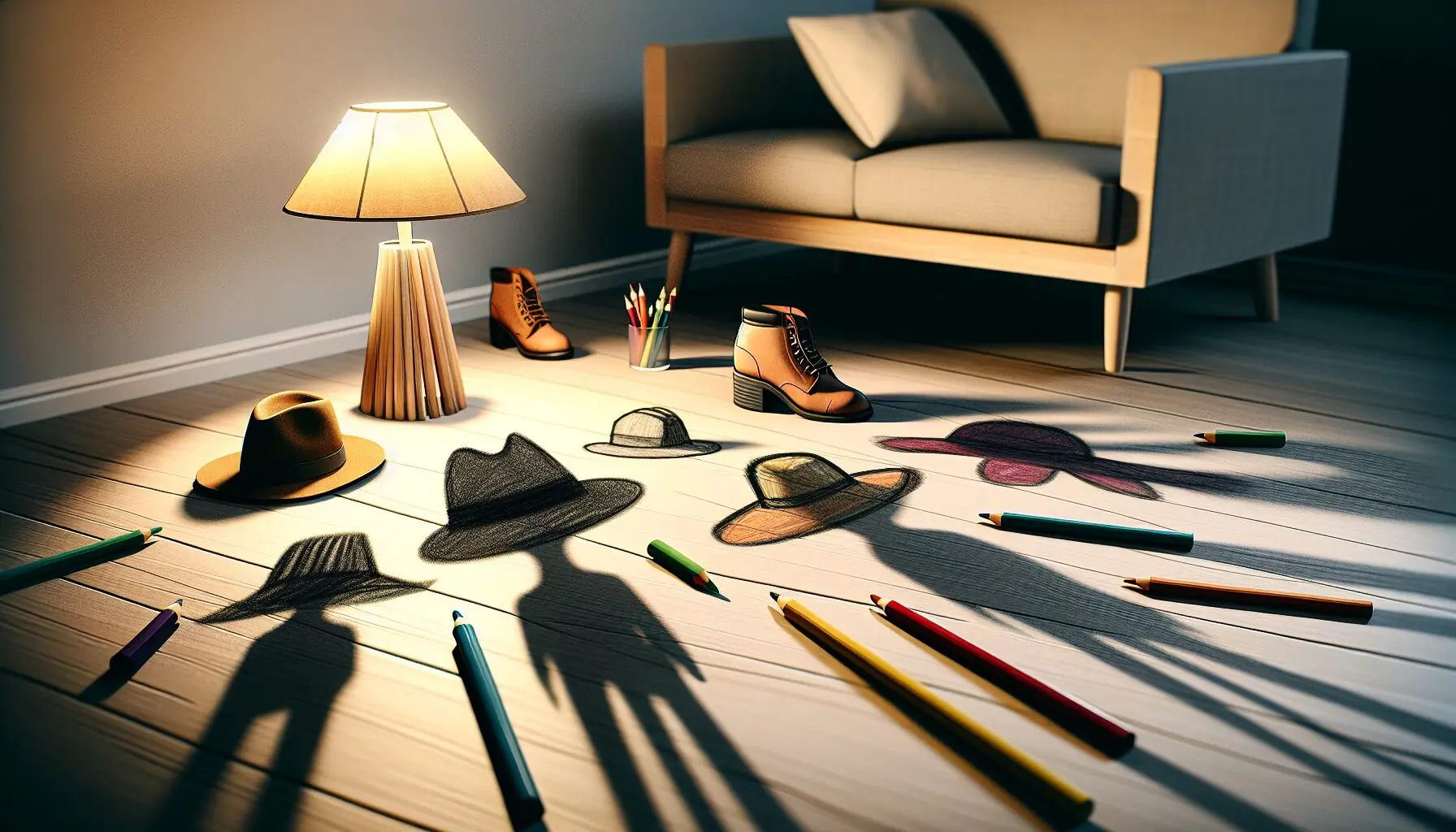 Generate an image of multiple shadow outlines with playful additions like drawn hats and shoes.
