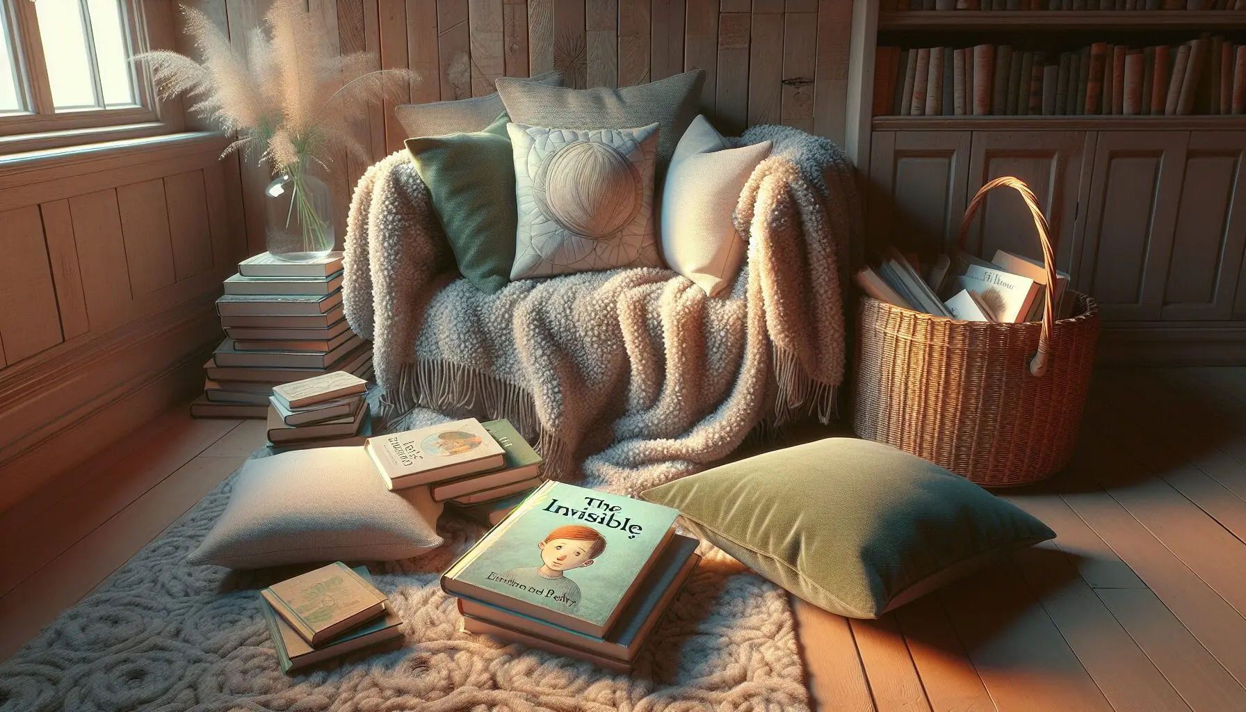 Generate an image of a cozy reading nook with books stacked nearby, soft cushions, and a fleece blanket.