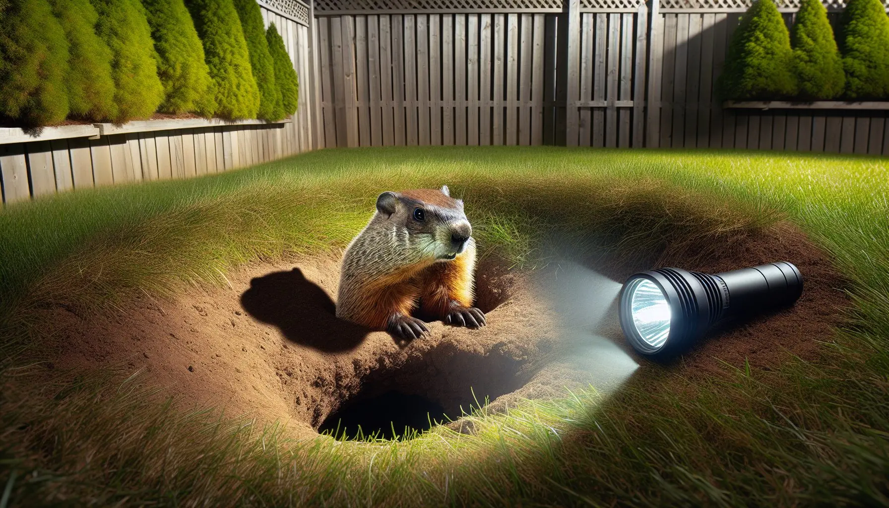 Generate an image of a groundhog peeking out of its burrow with a light casting a shadow.