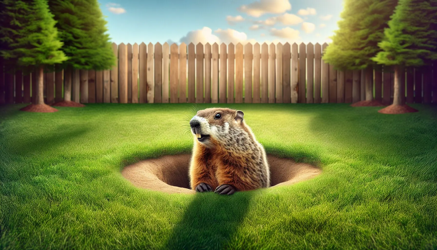 Generate an image of a cheerful groundhog peeking out of its burrow with small clouds and sunshine in the background.
