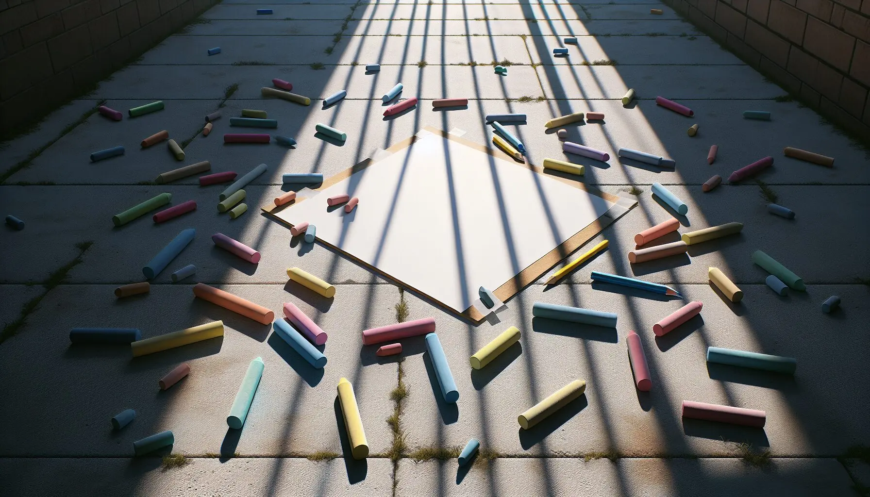 Generate an image of a parent and child laughing while drawing shadow outlines on a sidewalk.