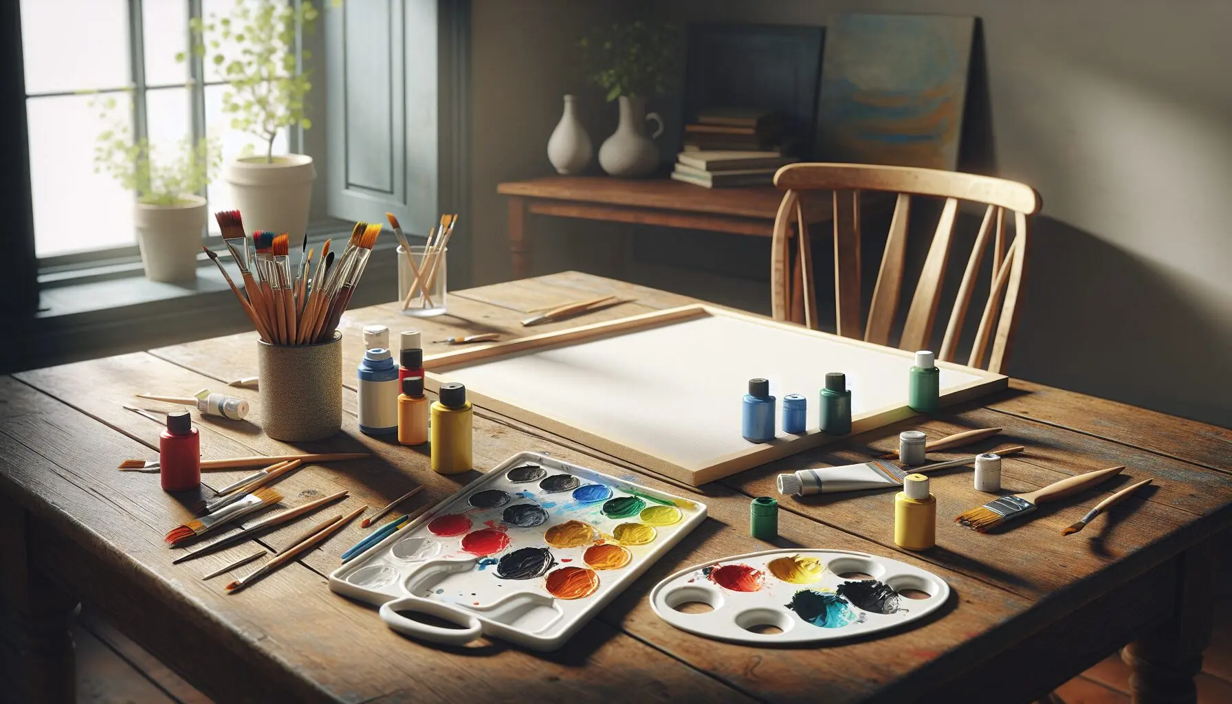 Generate an image of colorful paints and brushes scattered beside a blank canvas.