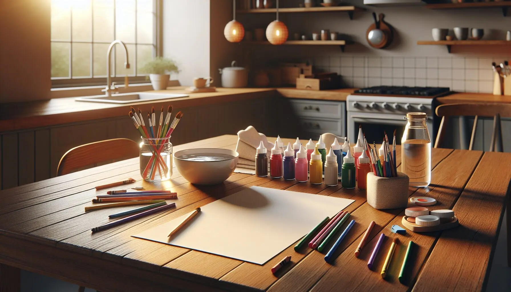 Generate an image of a child-friendly art setup, featuring a table with drawing paper, crayons, and small jars of paint.
