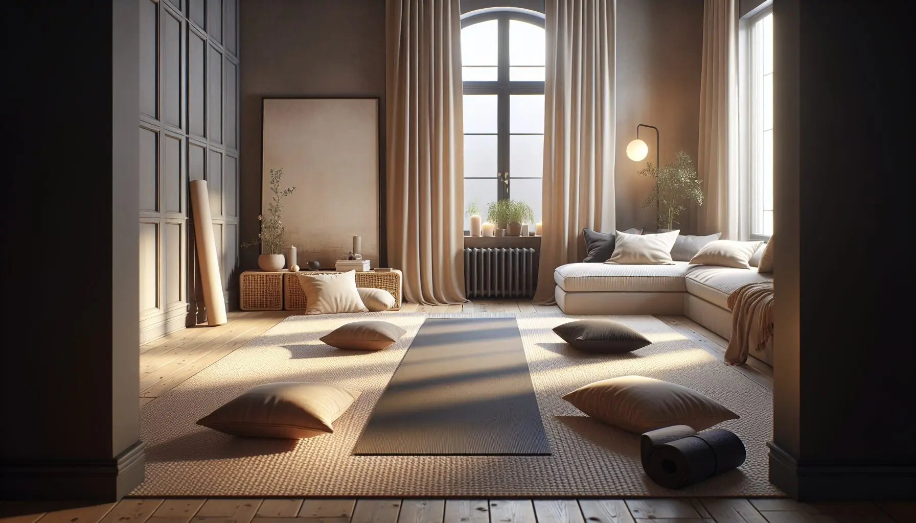 Generate an image showing a pair of yoga mats aligned facing each other, surrounded by cozy pillows for a serene setup.