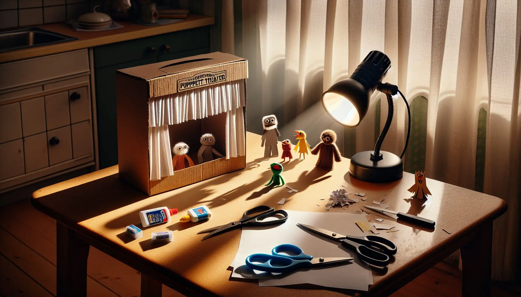 Generate an image of a child and parent enjoying shadow play together with curious facial expressions and a whimsical paper theater.