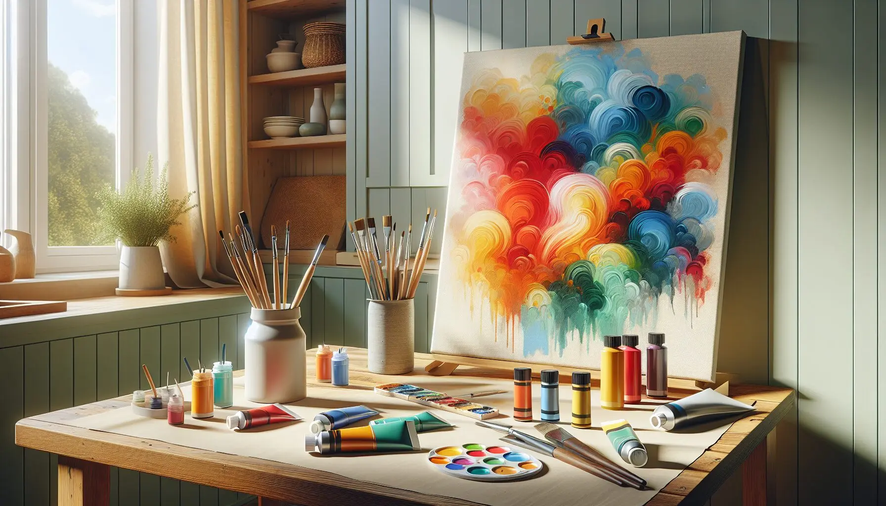 Generate an image of a brightly colored painting that abstracts courage through vivid colors on a canvas.