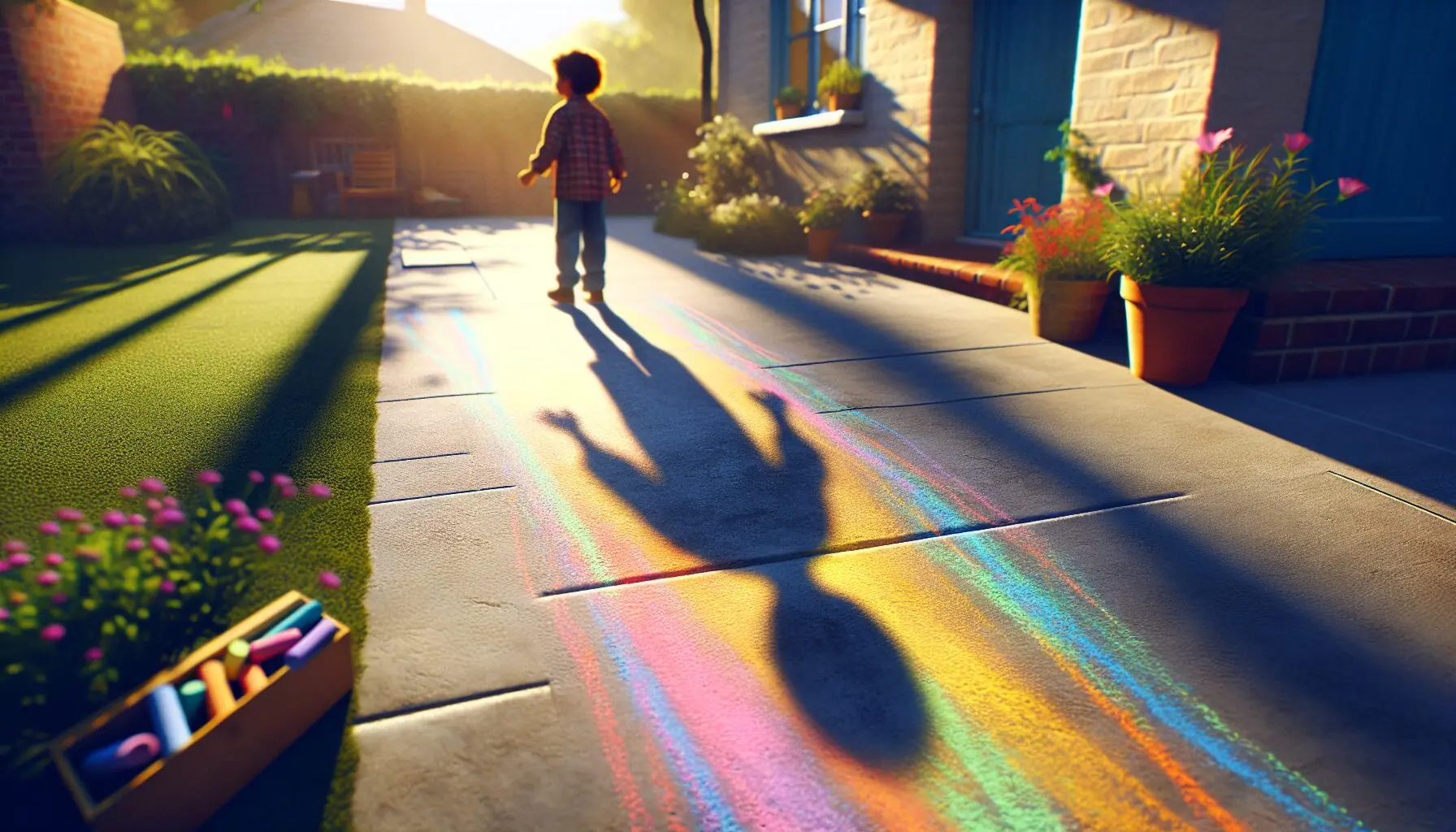 Generate an image of a chalk outline of a child’s shadow on a sunny sidewalk.