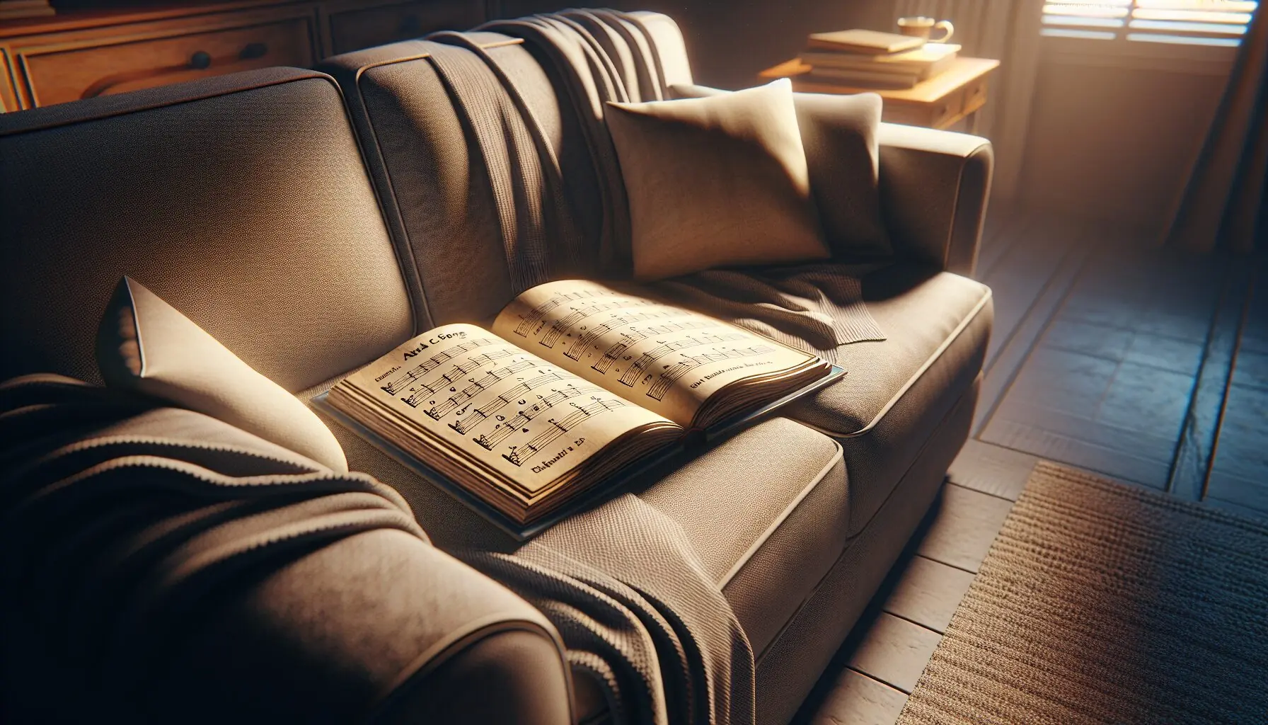 Generate an image of a cozy living room with a music book open on a couch.