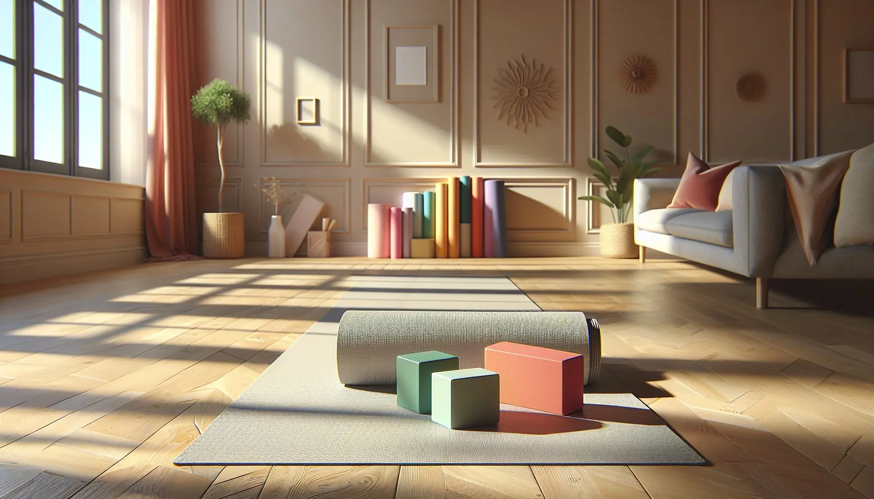 Generate an image of a soft yoga mat in a sunlit room with colorful yoga blocks scattered nearby.