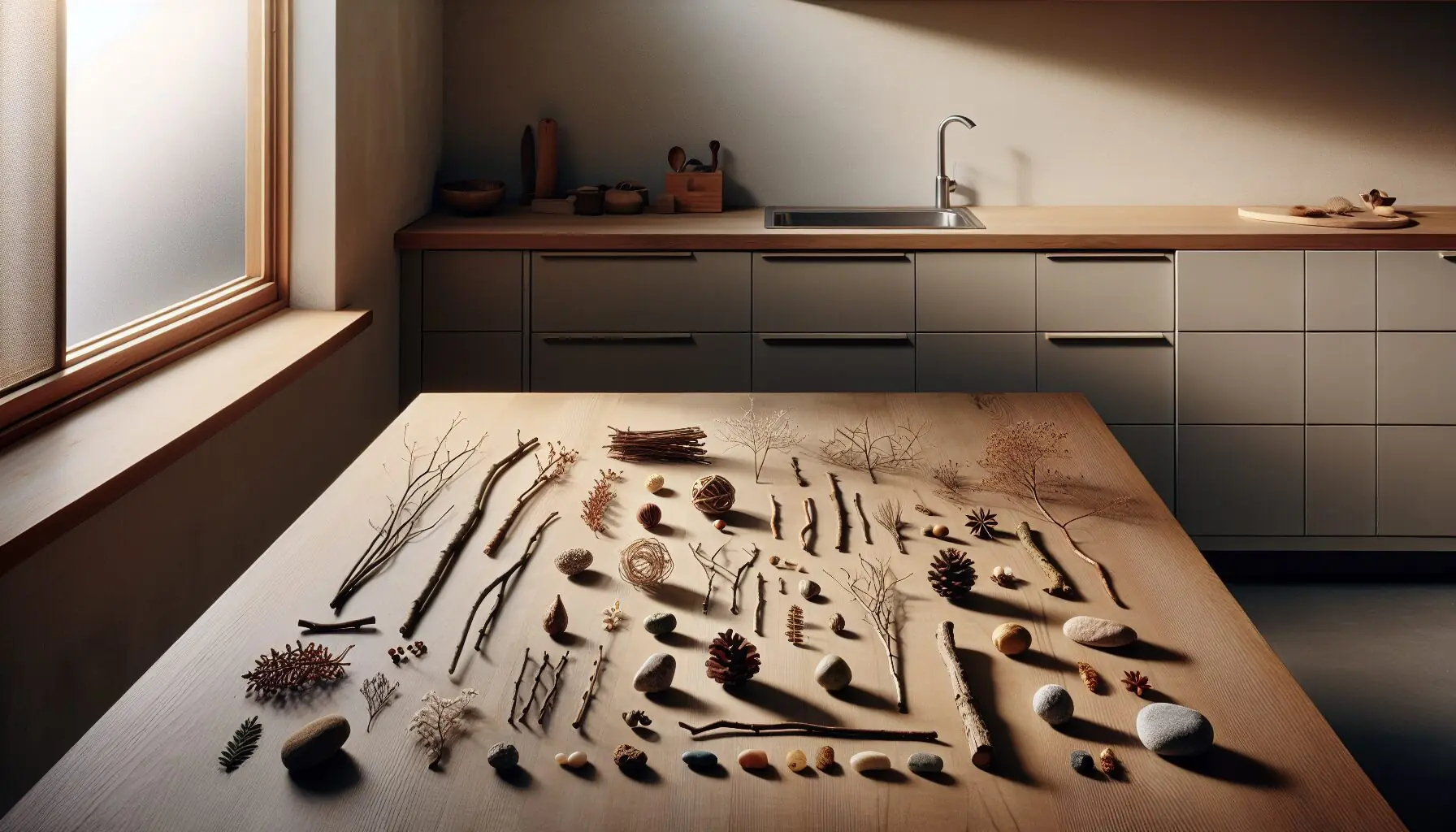 Generate an image of a cozy kitchen table with collected winter treasures like twigs and stones laid out thoughtfully.