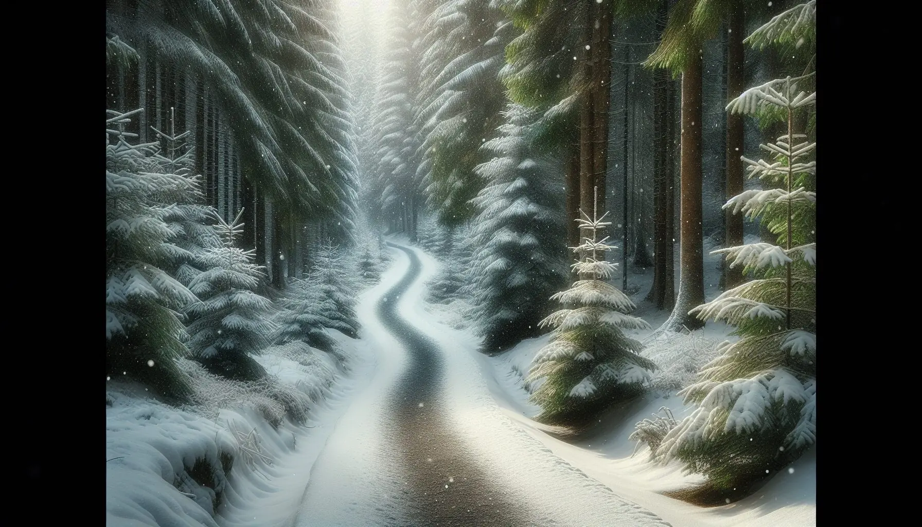 Generate an image of a snow-covered nature trail with pine trees and a clear footpath.