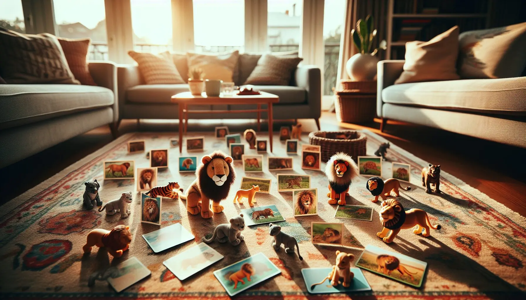 Generate an image of toy lions and picture cards with lions on them.