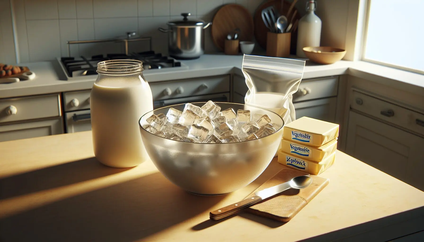 Generate an image of a kitchen table setup with a bowl of ice water, shortening, and ziplock bags.