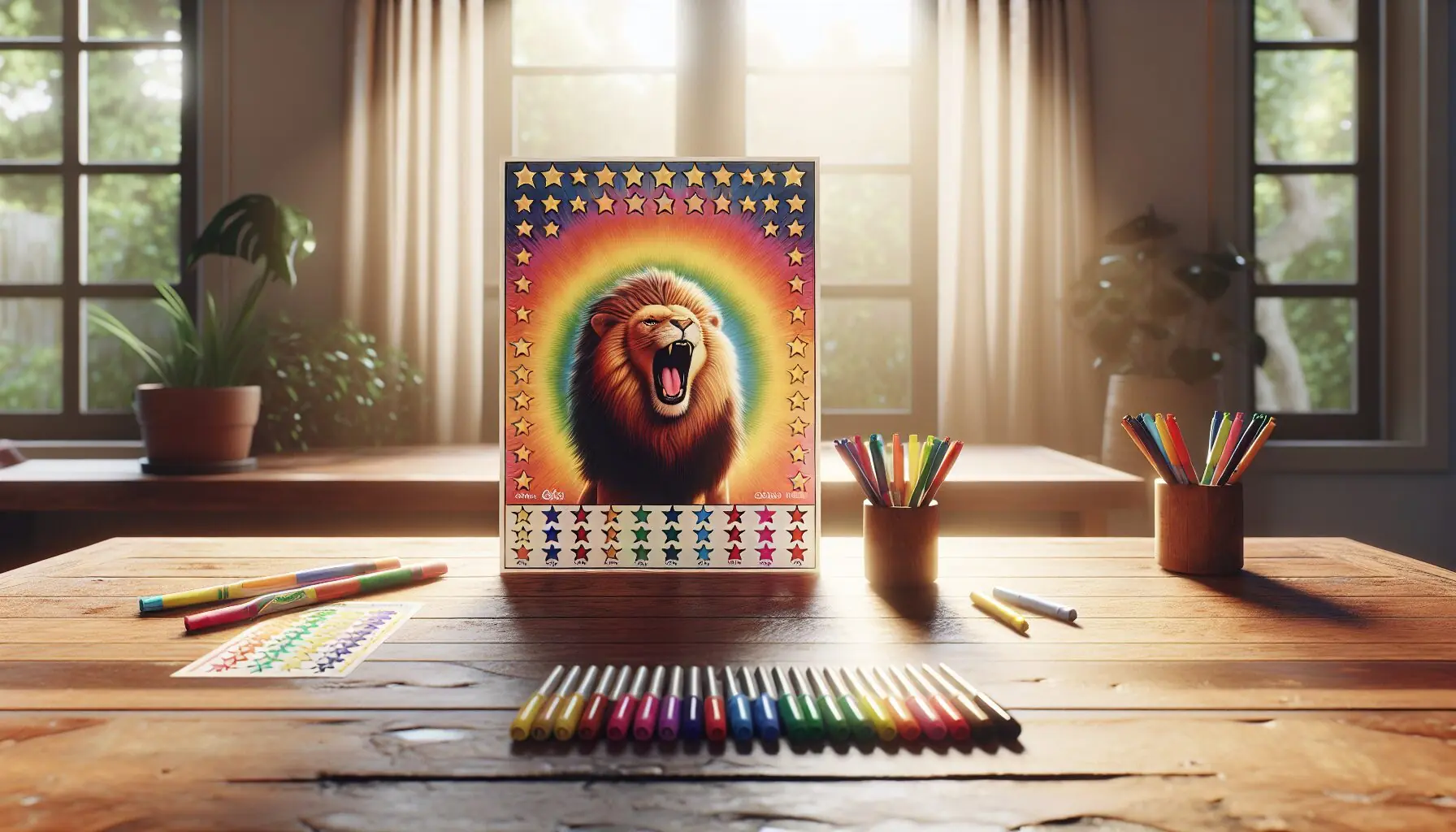 Generate an image of a chart with a lion roaring and stars or stickers on it, symbolizing bravery rewards.