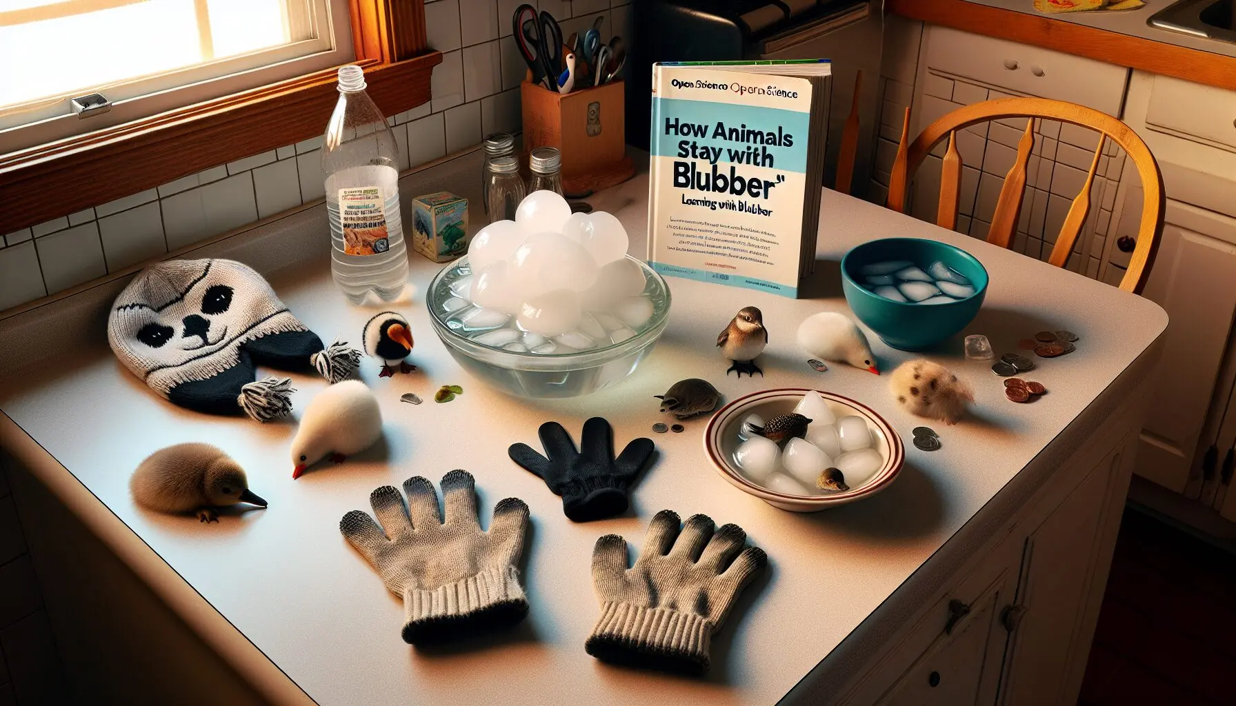 Generate an imaginative drawing showing a young child with blubber-like gloves and animal hats sharing stories with their parents.