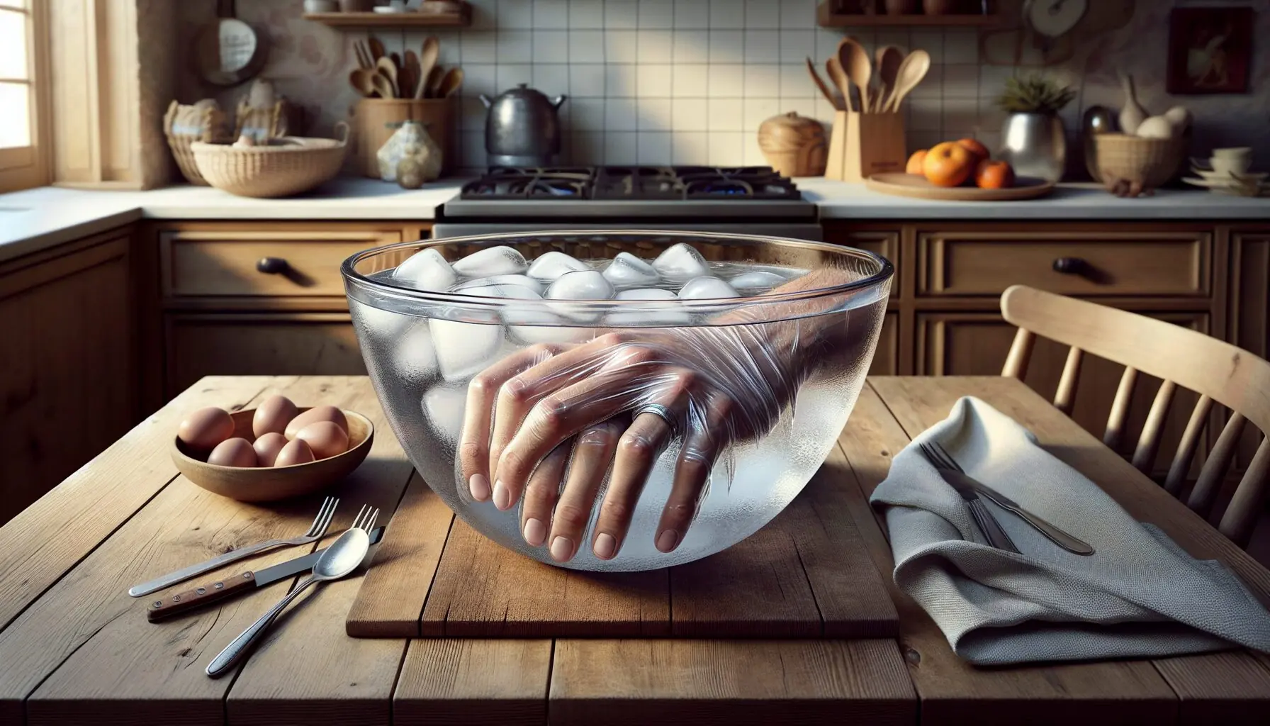 Generate a creative illustration of a hand wrapped in a blubber glove submerged in clear icy water.