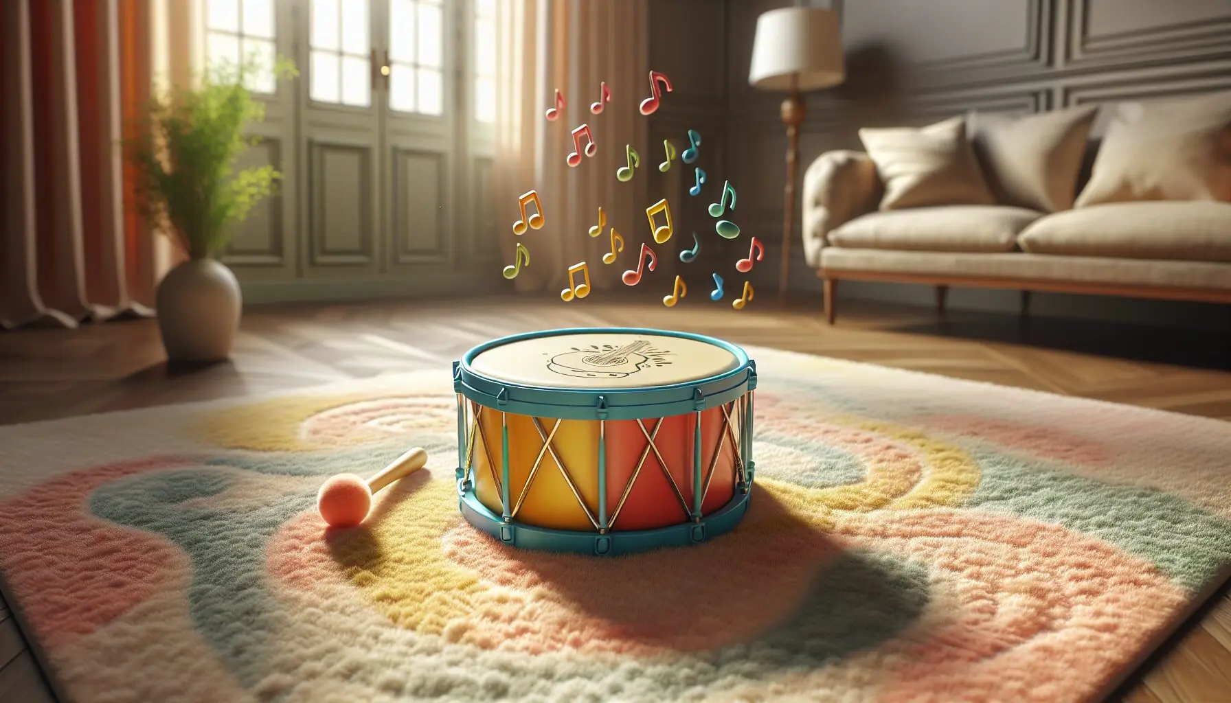Generate an image of a colorful drum with music notes around it.