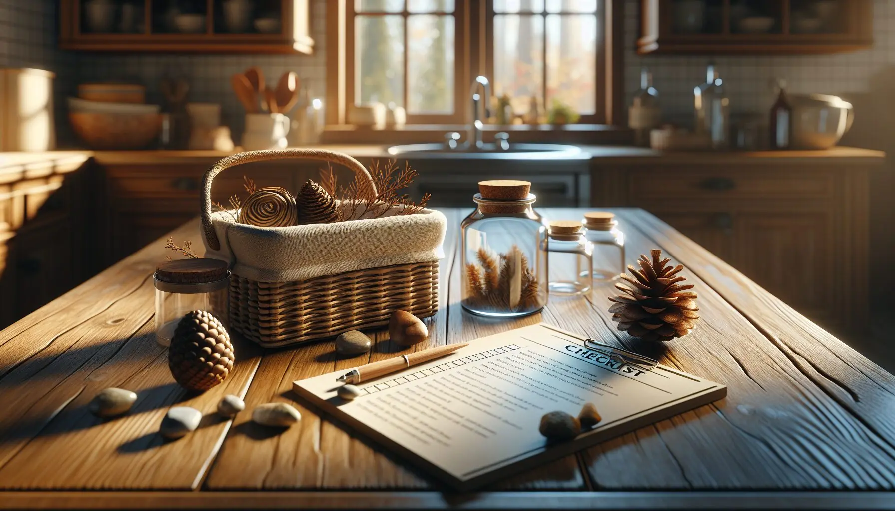 Generate an image of a checklist with winter items like pine cones and unique leaves, alongside a small basket.
