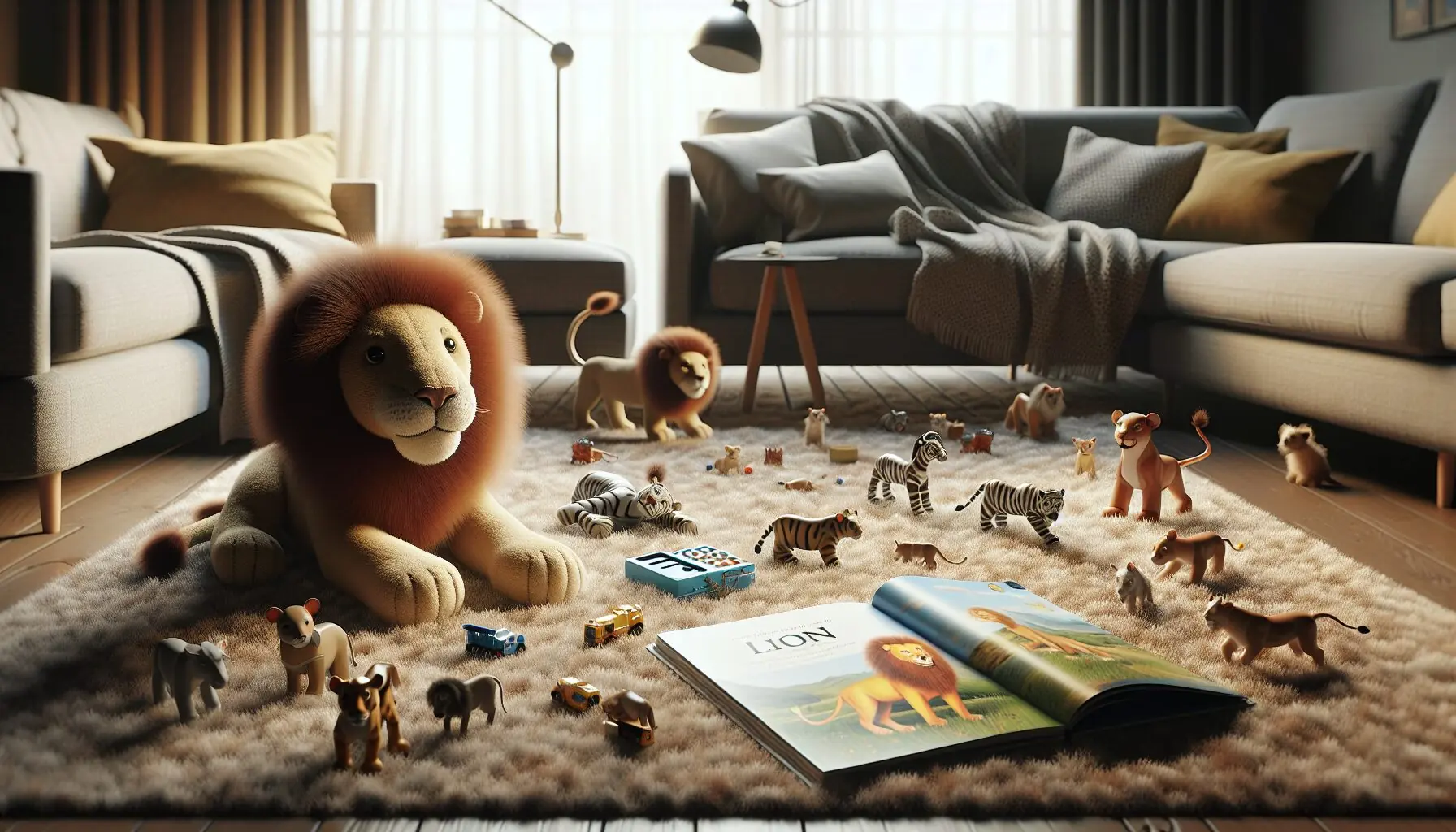 Generate an image of a family playing on the carpet with lion-themed toys and books scattered around.