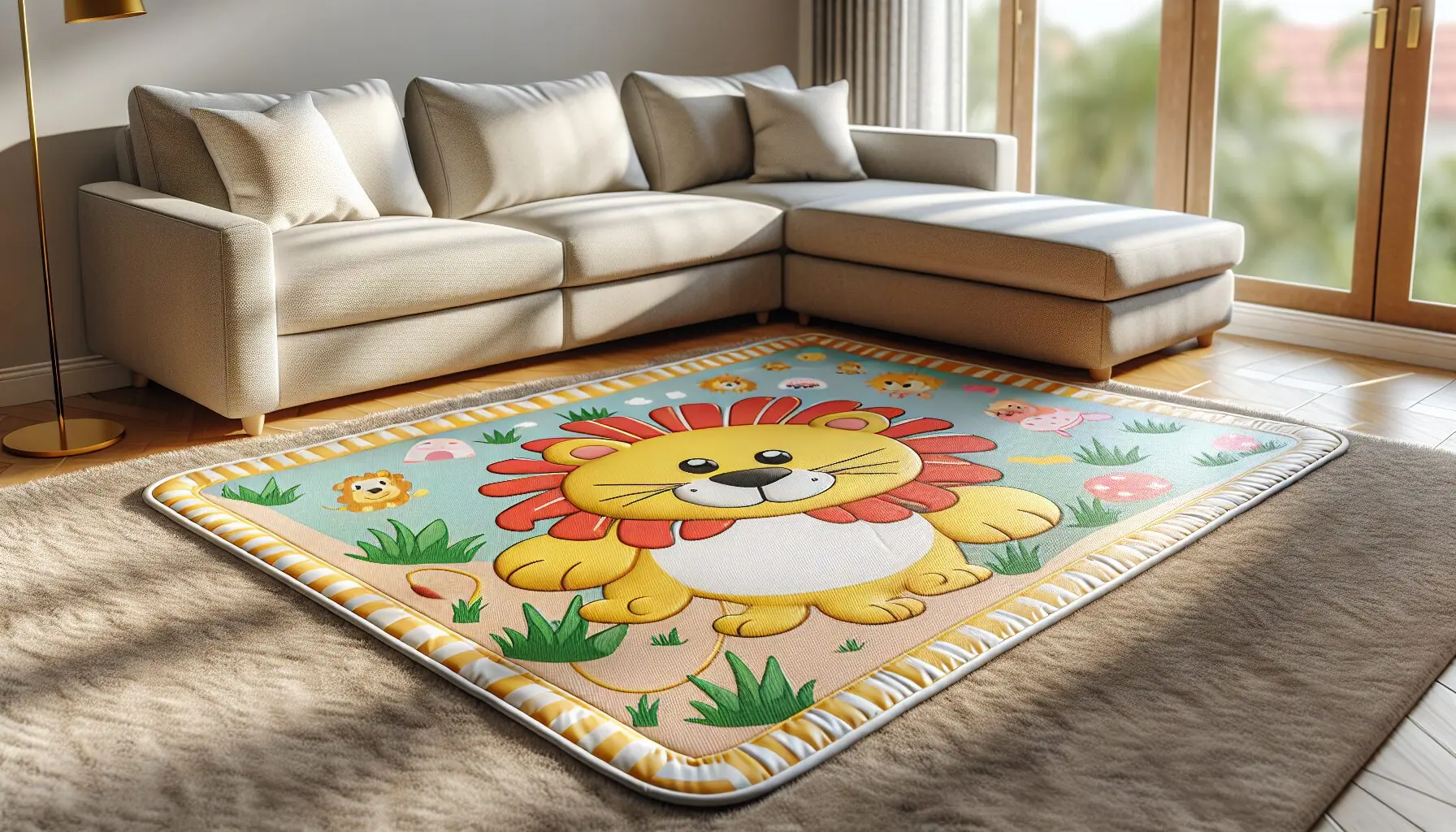 Generate an image of a colorful playmat with cartoon lion graphics.