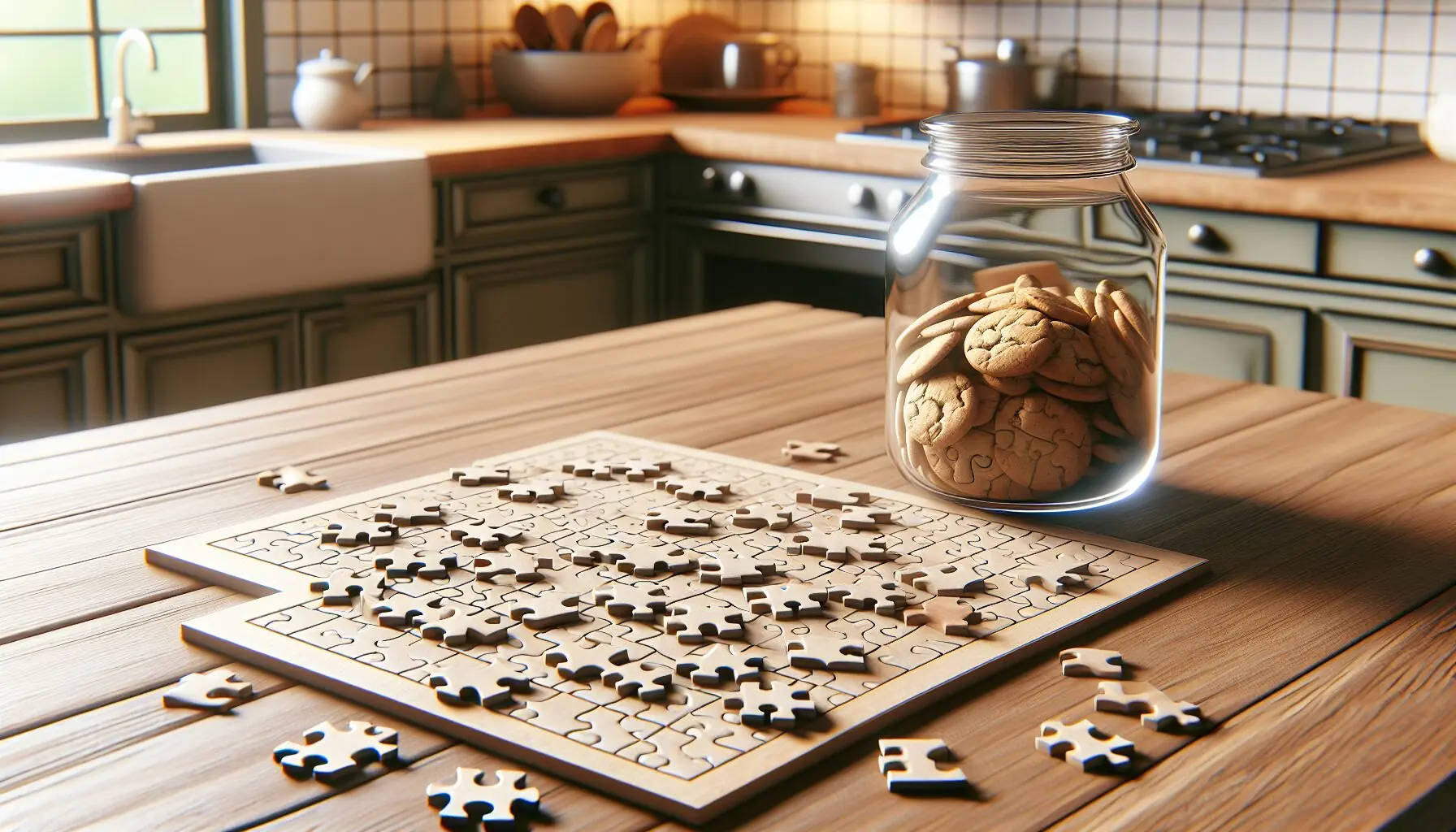 Generate an image where several puzzle pieces form a playful, mismatched arrangement beside a cookie jar on a table.