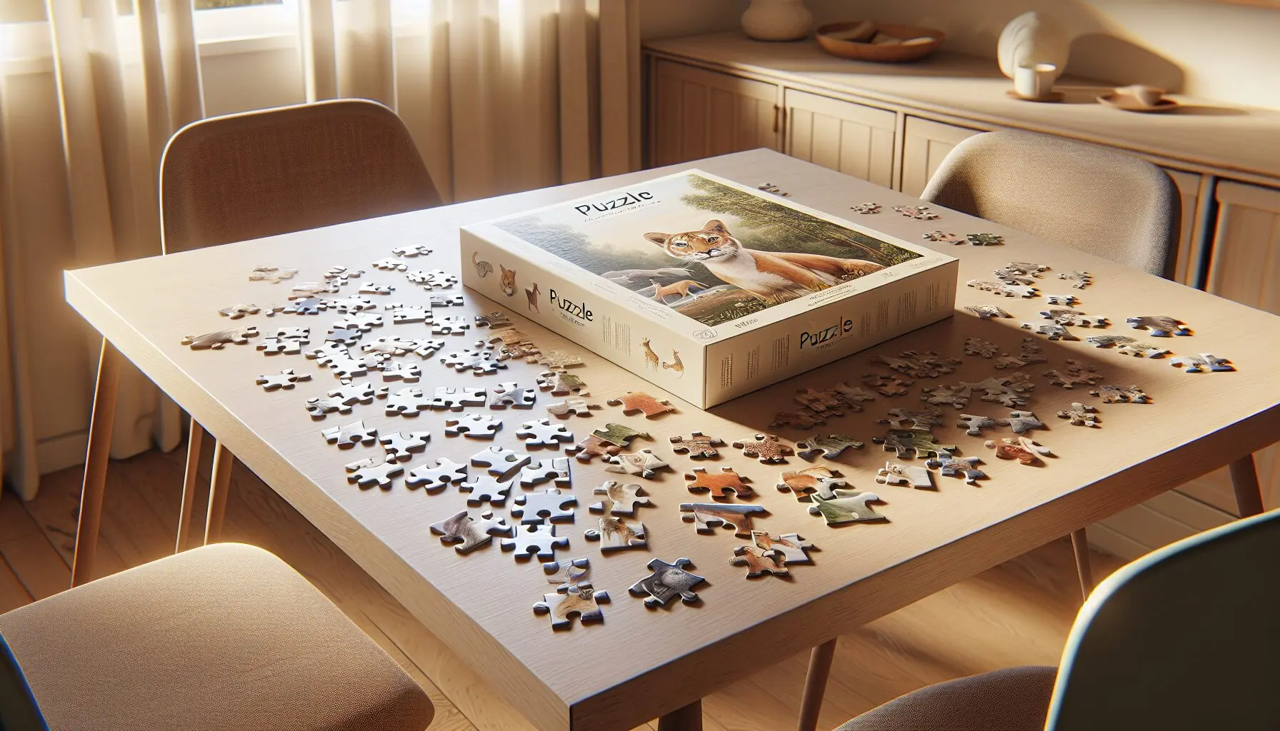 Generate an image of a simple puzzle box with a vibrant illustration of animal themes.