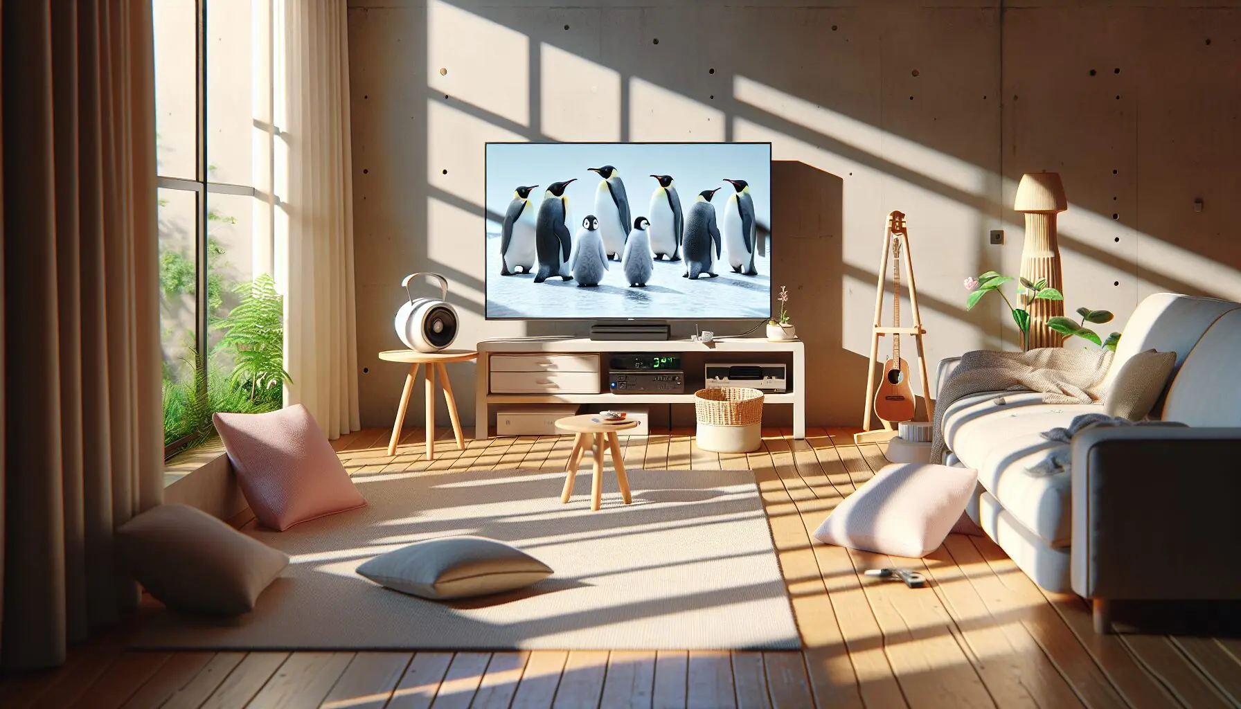 Generate an image of a cozy living room space set up for active play, with a screen showing penguins.