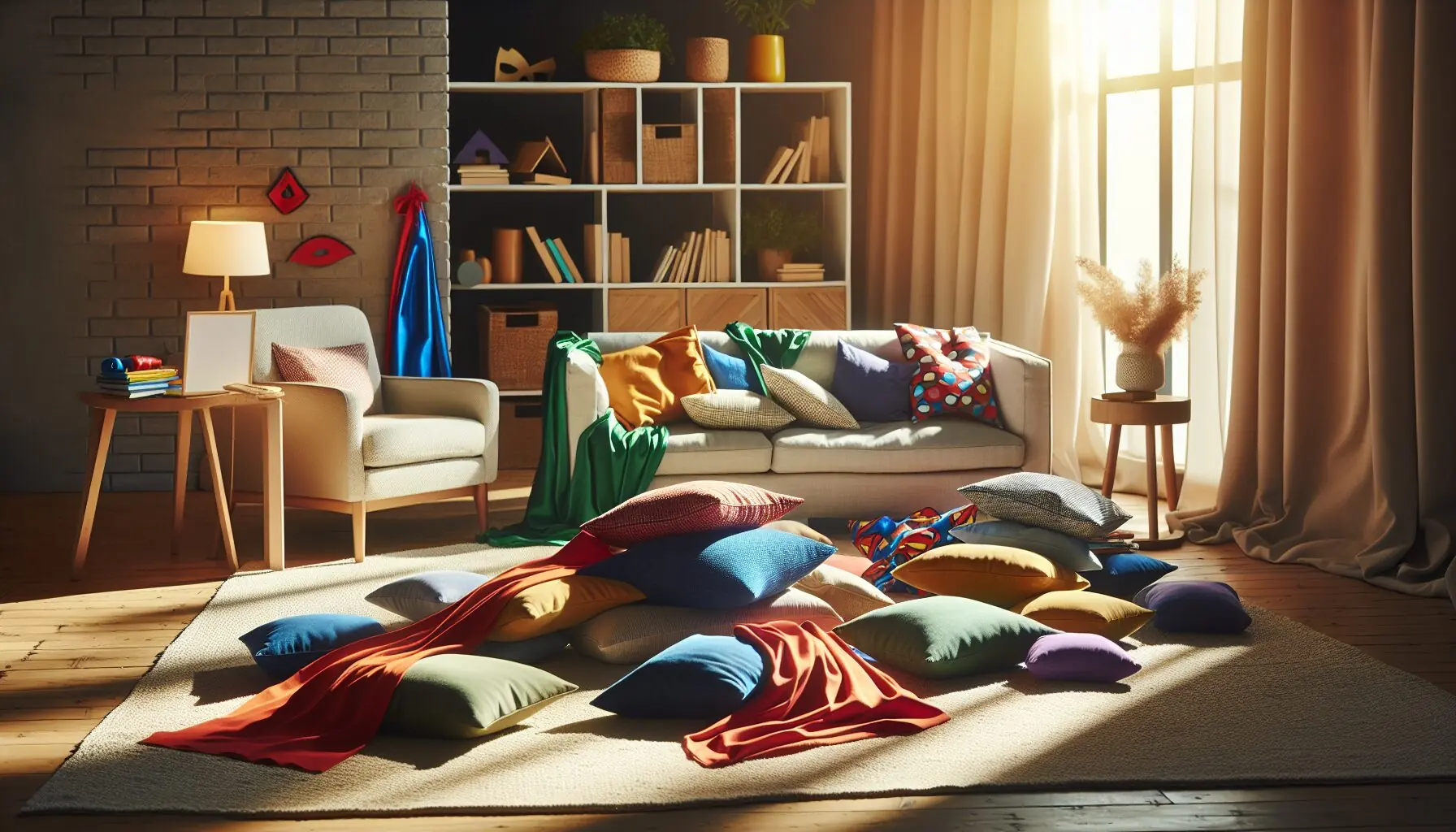 Generate an image of a living room with pillows set up as an obstacle course.