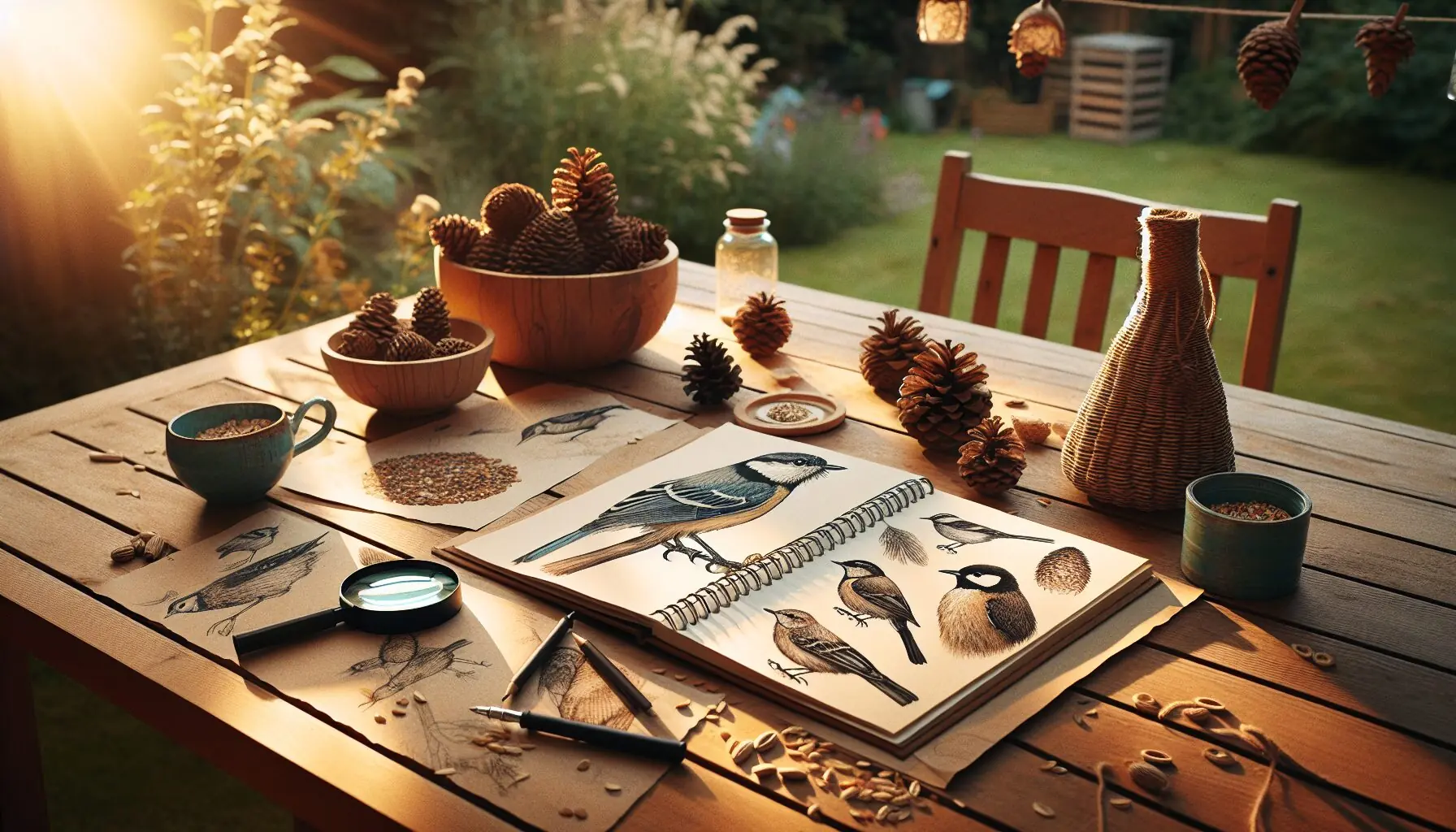 Generate an image of an open sketchbook with drawings of birds and feeders, accompanied by a magnifying glass.