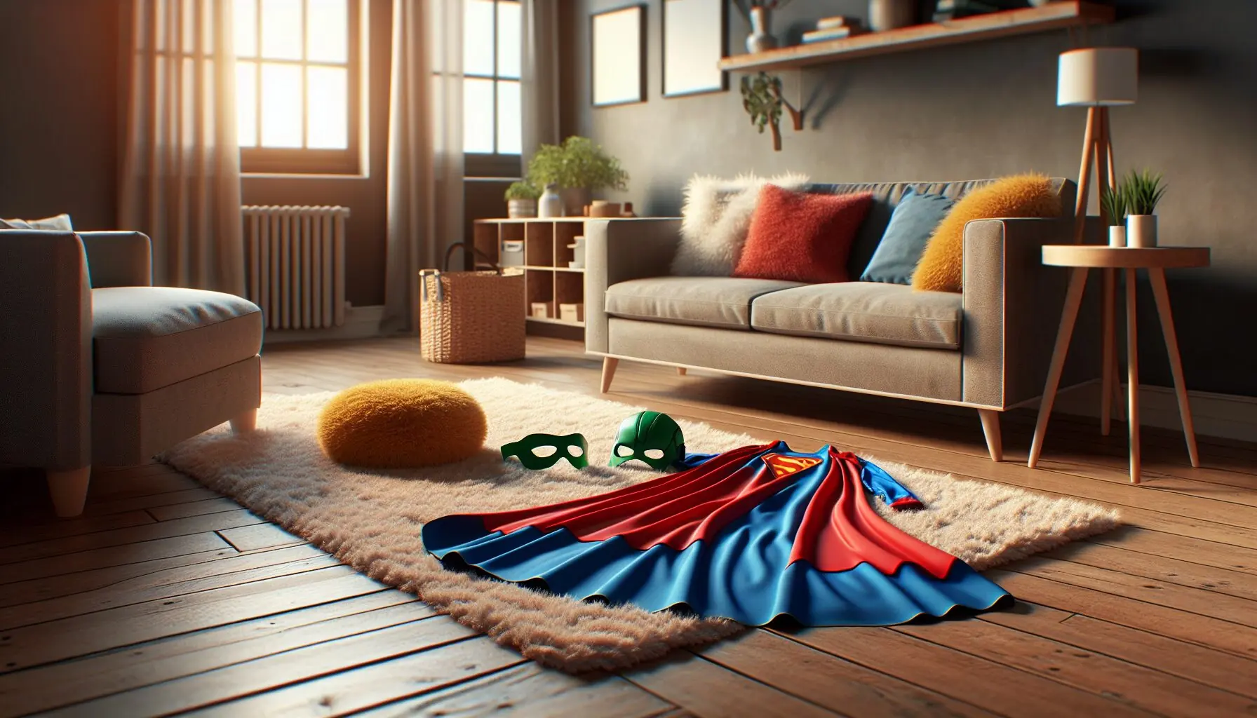 Generate an image of a colorful superhero cape and mask lying on a fluffy play mat.