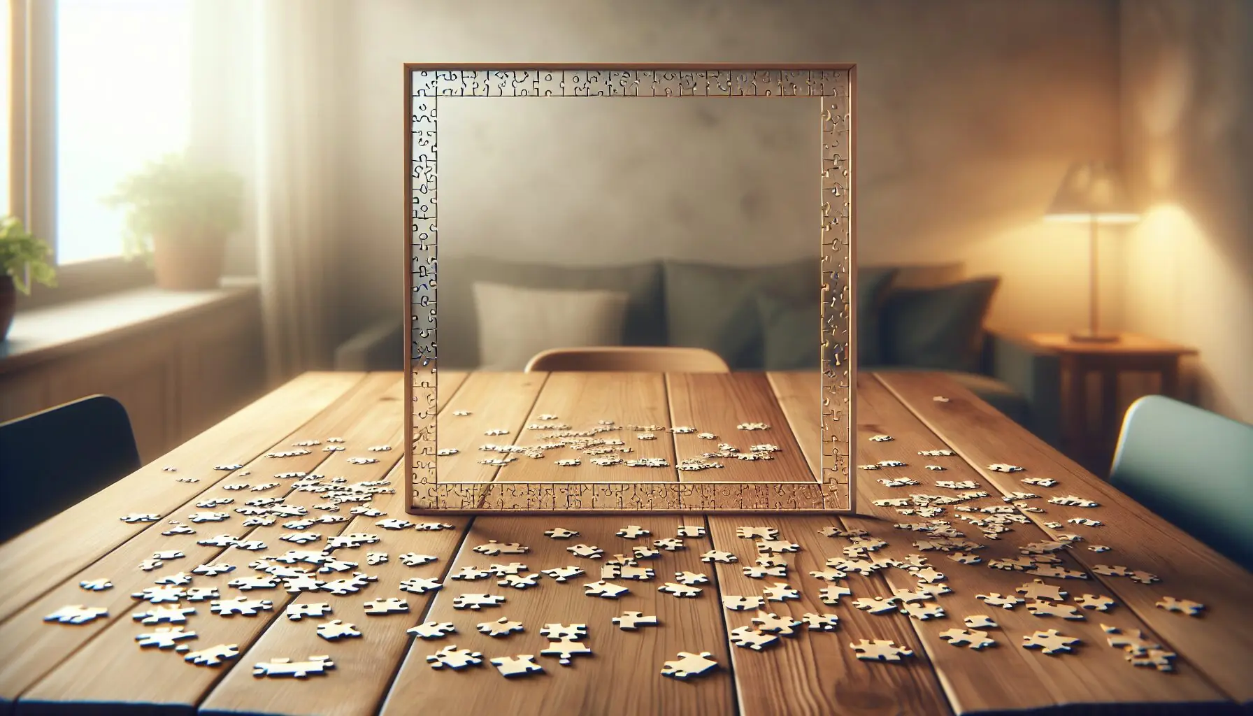 Generate an image of completed puzzle pieces aligned in a border, depicting the initial effort to connect edges.