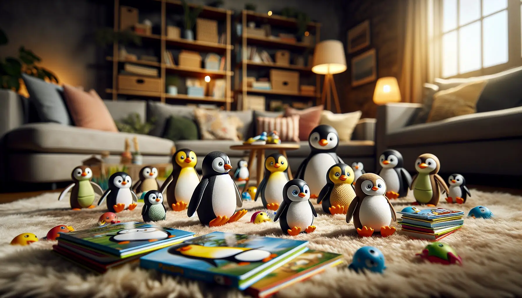 Generate an image of a parent and child laughing together, surrounded by penguin-themed toys (no people visible).