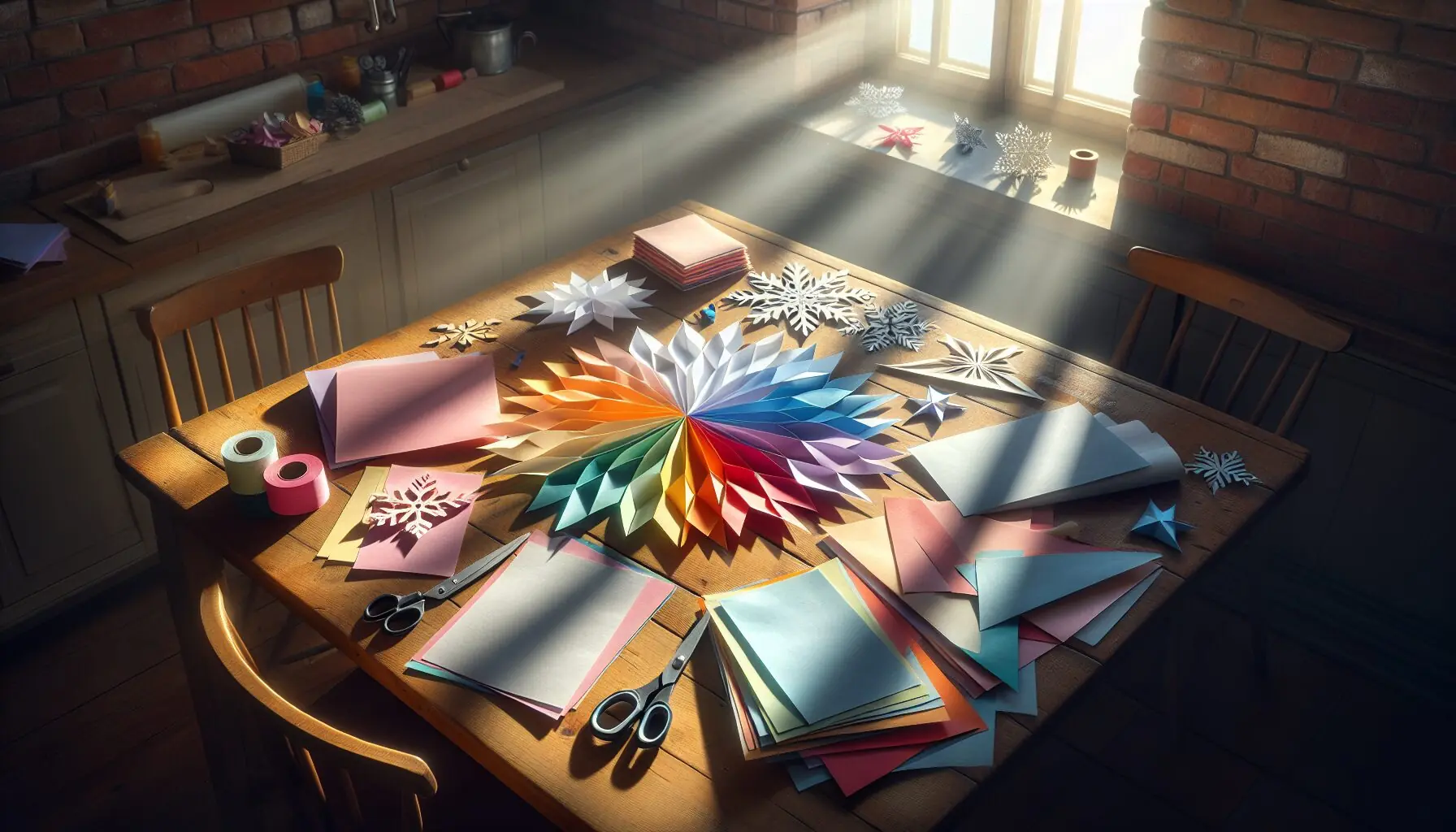 Generate an image of crafting materials: colored paper, scissors, and folded paper triangles on a table.